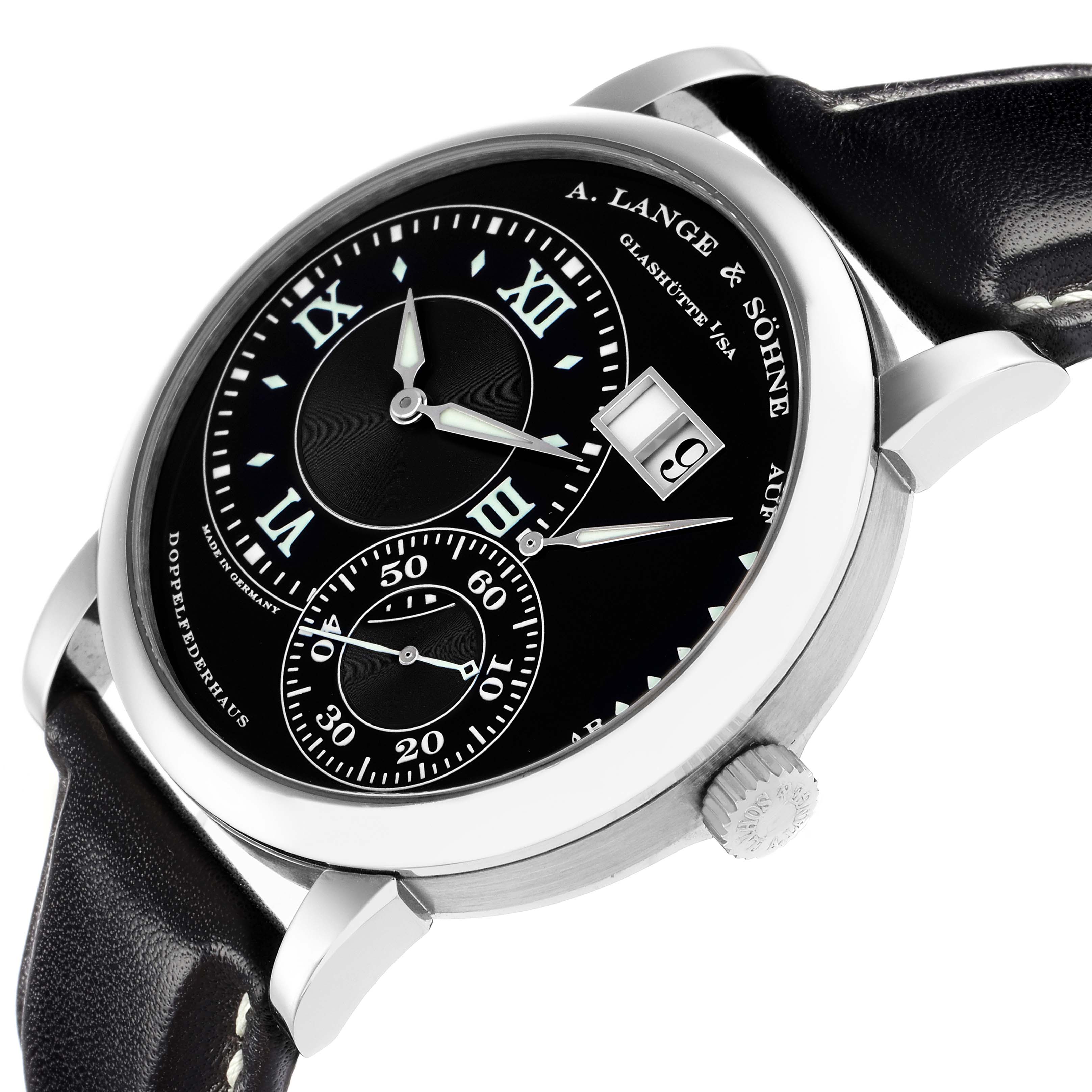 The image displays the A. Lange & Söhne Lange 1 model 115.029 men's watch from a side angle, showcasing its dial, crown, and leather strap.