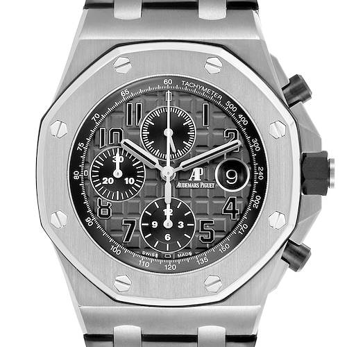 The image shows a front view of the Audemars Piguet Royal Oak Offshore 26470ST.OO.A104CR.01 Men's Stainless Steel Grey Dial, highlighting its dial and bezel features.