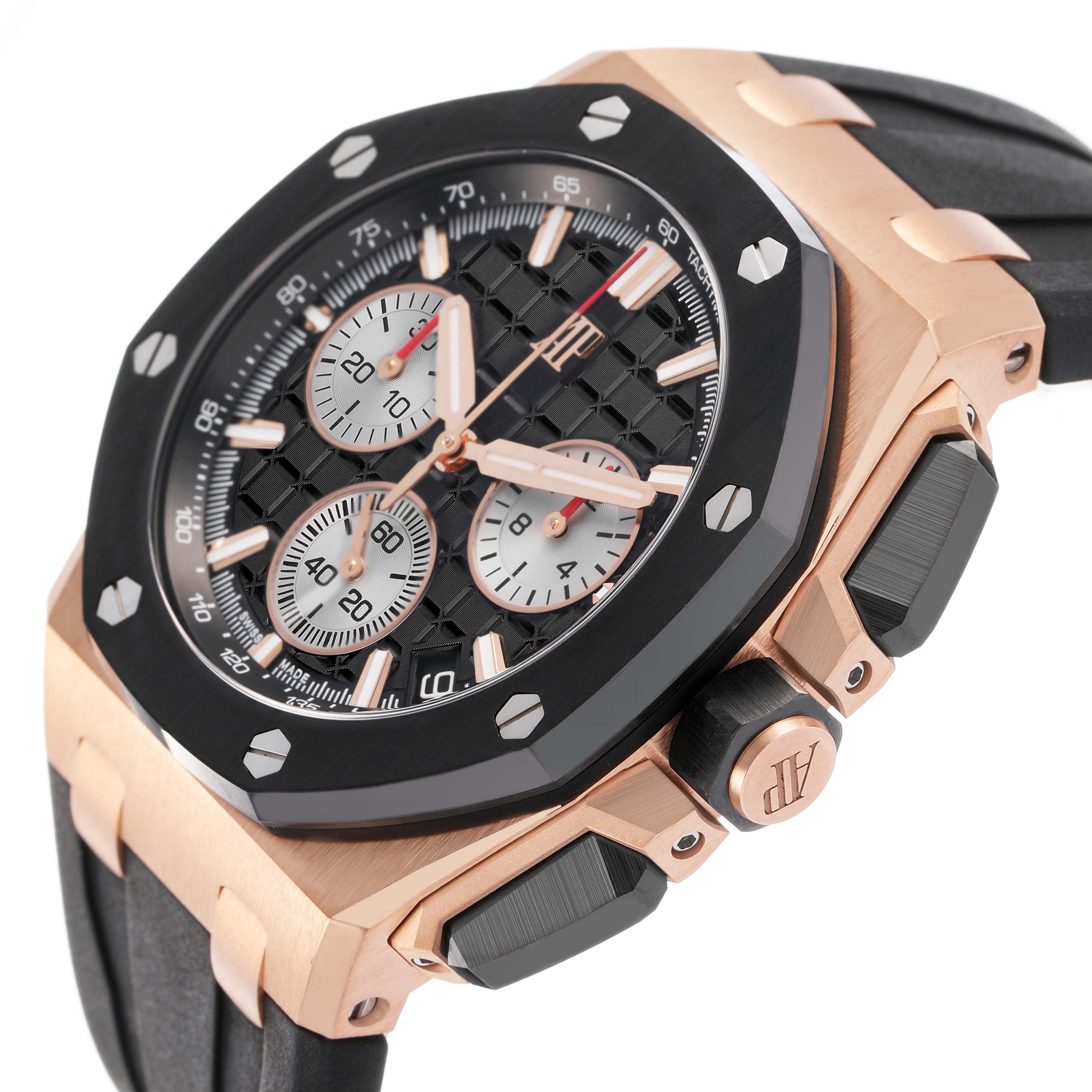 The image shows a side and angled view of the Audemars Piguet Royal Oak Offshore 26420RO.OO.A002CA.01 Men's Rose Gold Black Dial, highlighting the bezel, dial, and pushers.