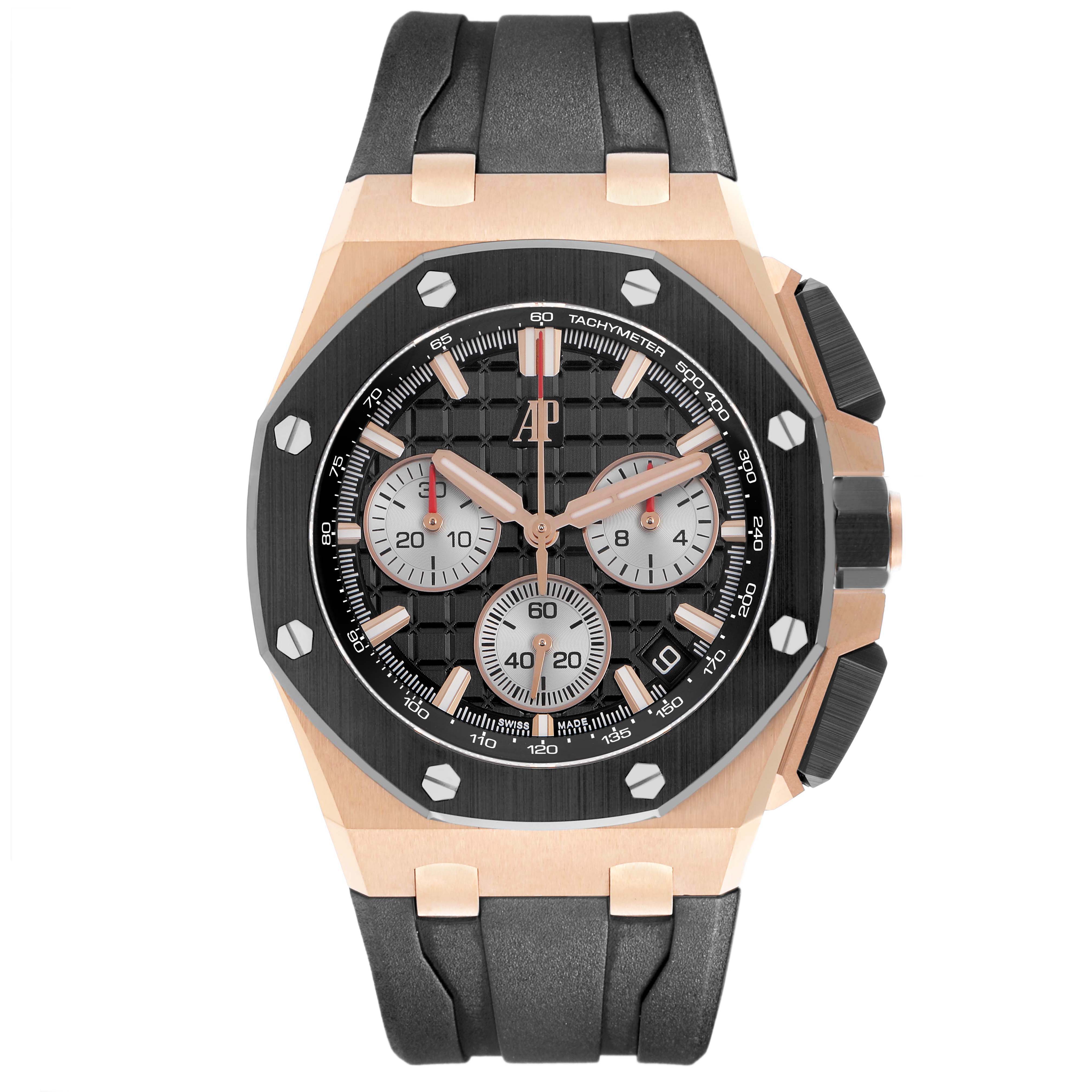 The Audemars Piguet Royal Oak Offshore 26420RO.OO.A002CA.01 Men's Rose Gold Black Dial is shown from a front angle, displaying the face, bezel, and straps prominently.