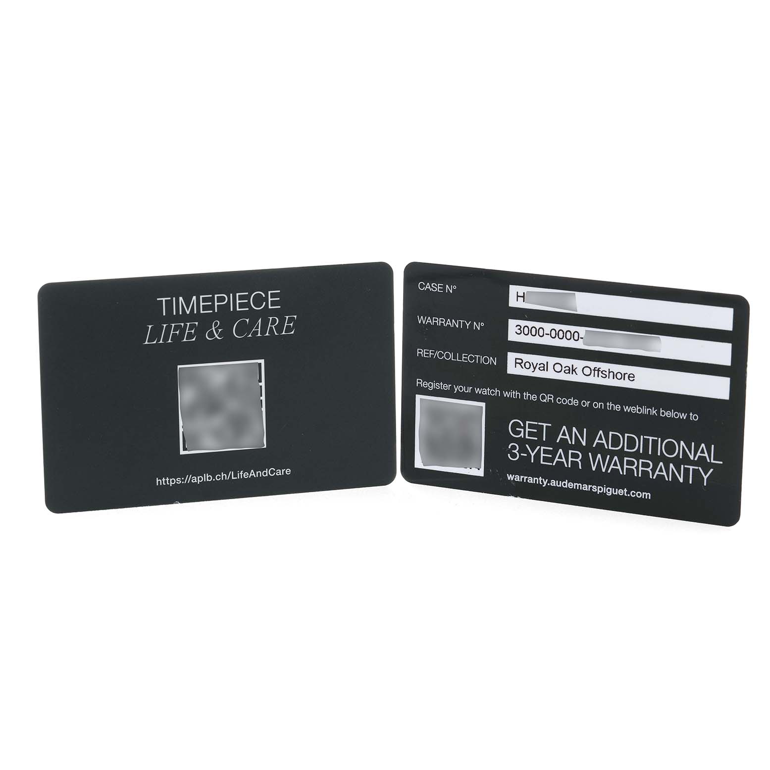 The image shows warranty cards for the Audemars Piguet Royal Oak Offshore 26420RO.OO.A002CA.01 Men's Rose Gold Black Dial, displaying case and warranty numbers.