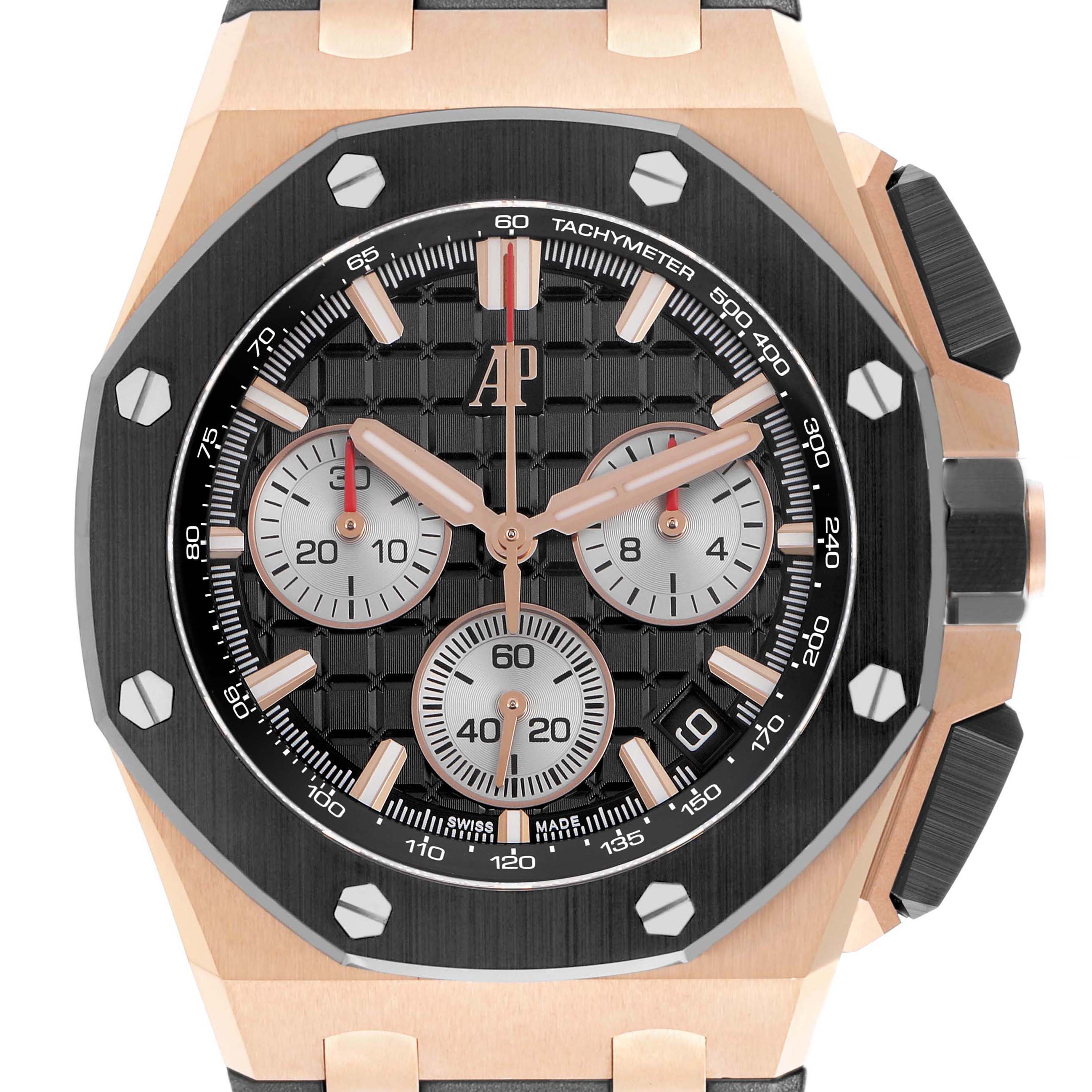 The Audemars Piguet Royal Oak Offshore 26420RO.OO.A002CA.01 Men's Rose Gold Black Dial is shown from the front, displaying the dial, chronograph subdials, tachymeter, and bezel.