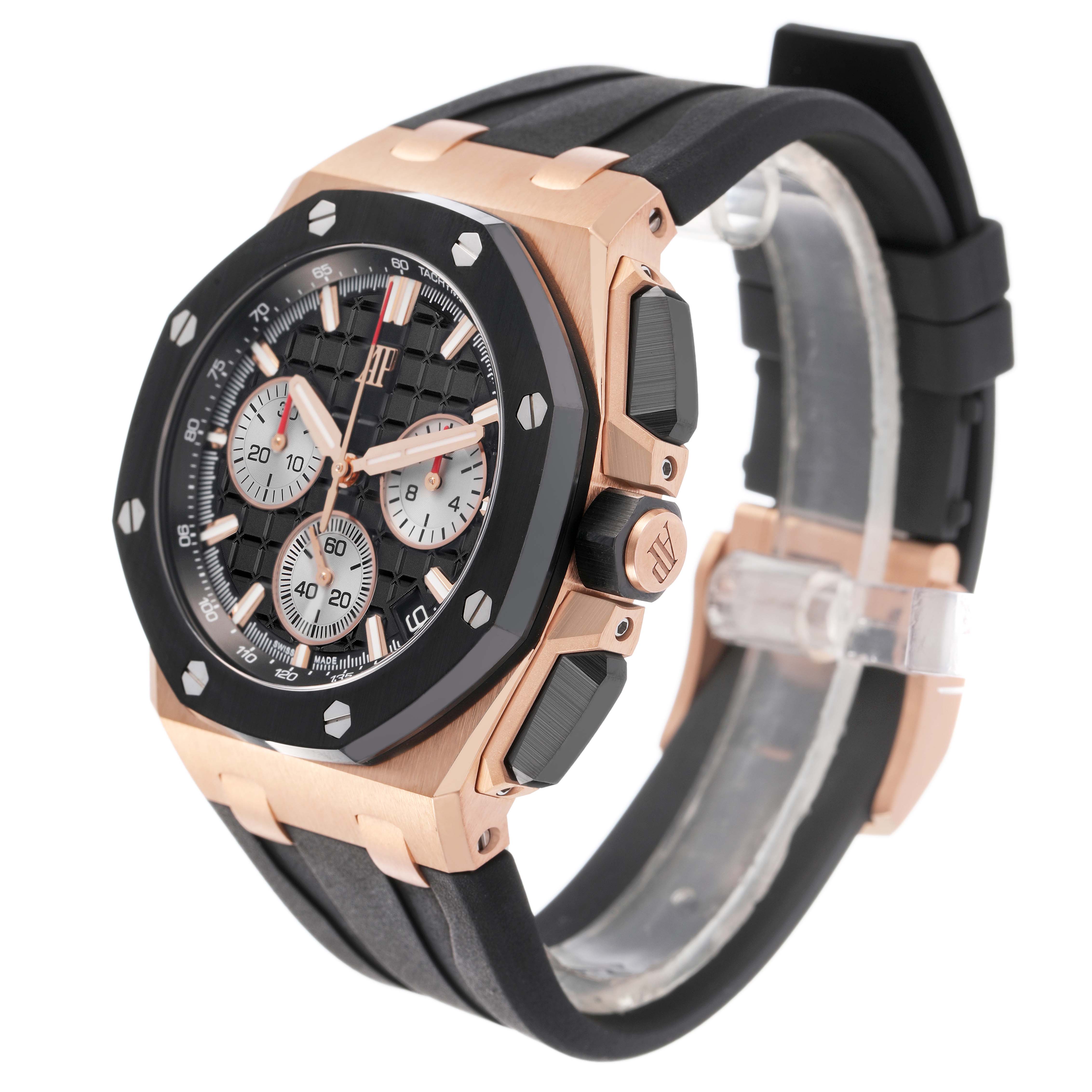 The Audemars Piguet Royal Oak Offshore 26420RO.OO.A002CA.01 Men's Rose Gold Black Dial is shown at an angle highlighting the bezel, dial, crown, and strap.