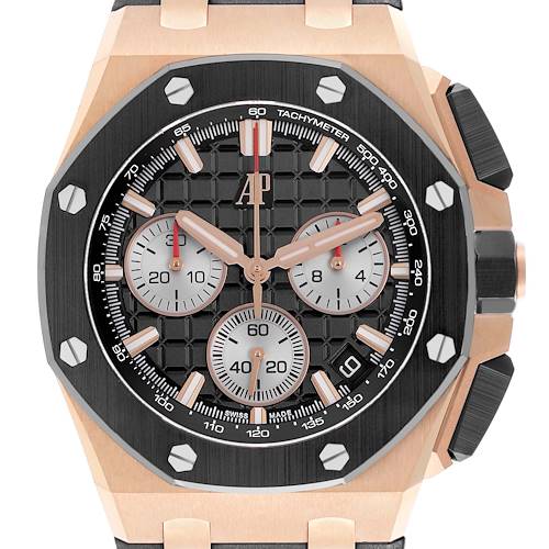 The image shows a frontal view of the Audemars Piguet Royal Oak Offshore 26420RO.OO.A002CA.01 Men's Rose Gold Black Dial, highlighting the dial, bezel, and crown.
