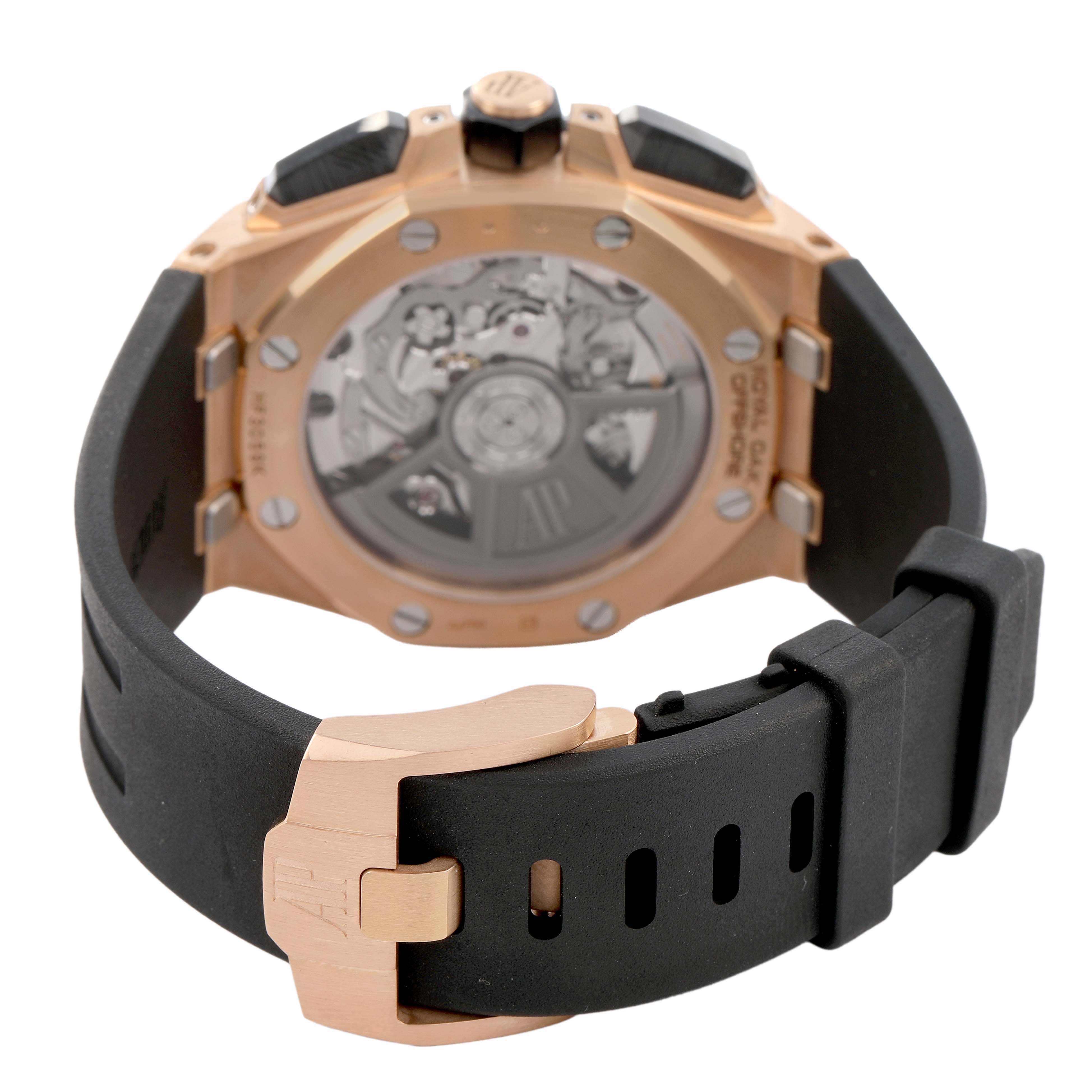 The image shows the back view of the Audemars Piguet Royal Oak Offshore 26420RO.OO.A002CA.01 Men's Rose Gold Black Dial, highlighting the case back and strap.