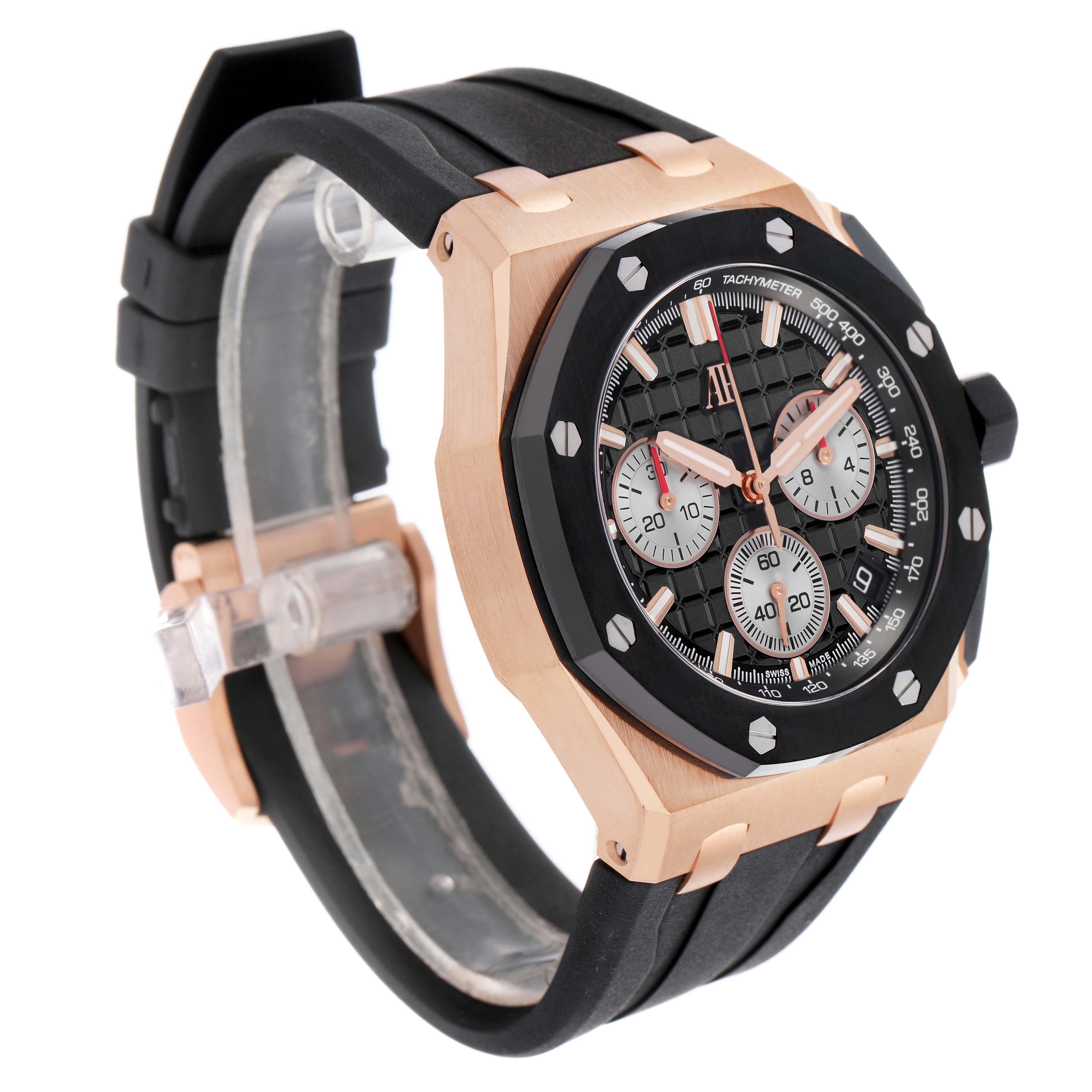 The Audemars Piguet Royal Oak Offshore 26420RO.OO.A002CA.01 Men's Rose Gold Black Dial watch is shown at a three-quarter angle, highlighting its bezel, dial, and strap.