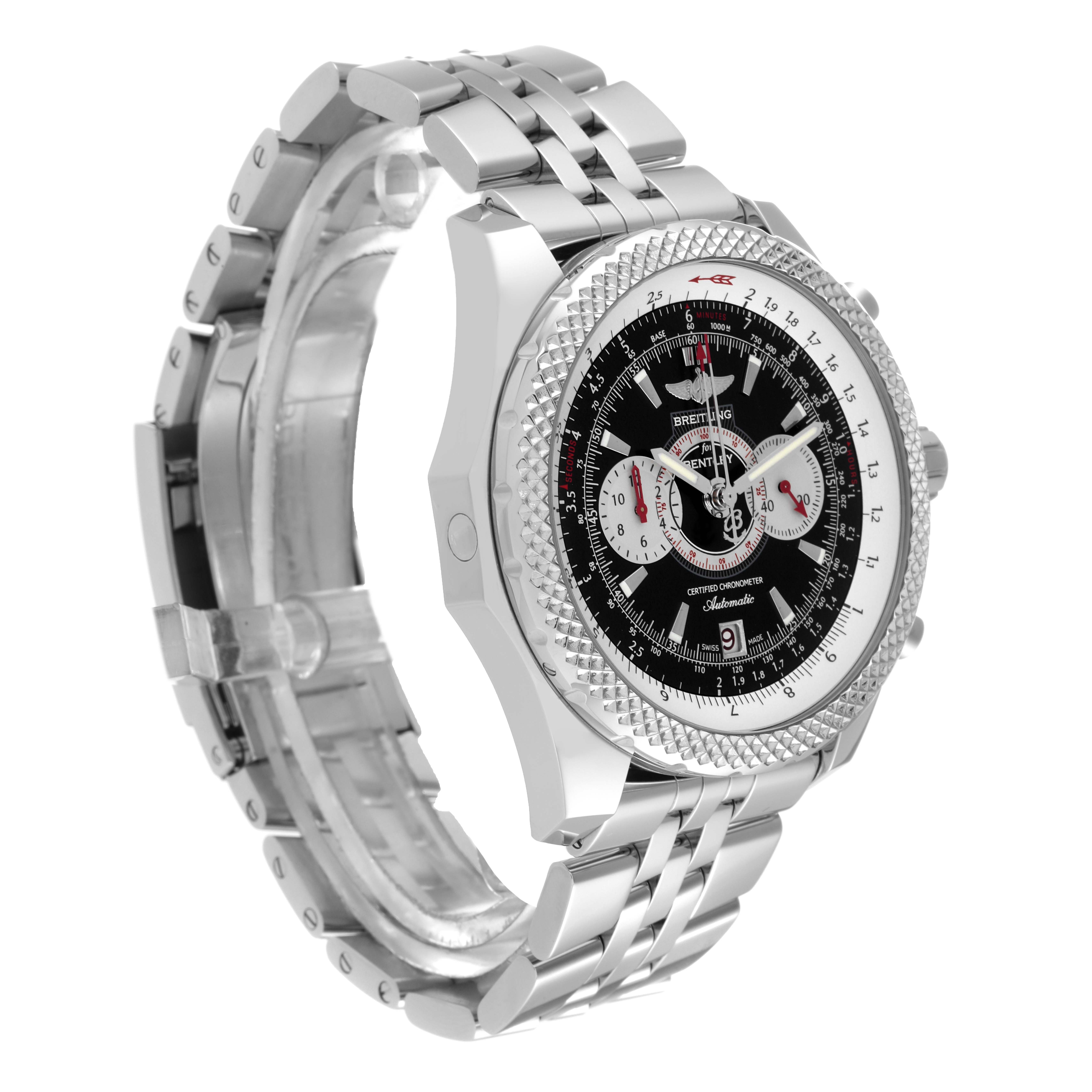 The Breitling Bentley A26364 Men's Stainless Steel Black Dial A26364 Men's Stainless Steel Black Dial watch is shown at an angled side view, displaying its bracelet, bezel, and dial with subdials.