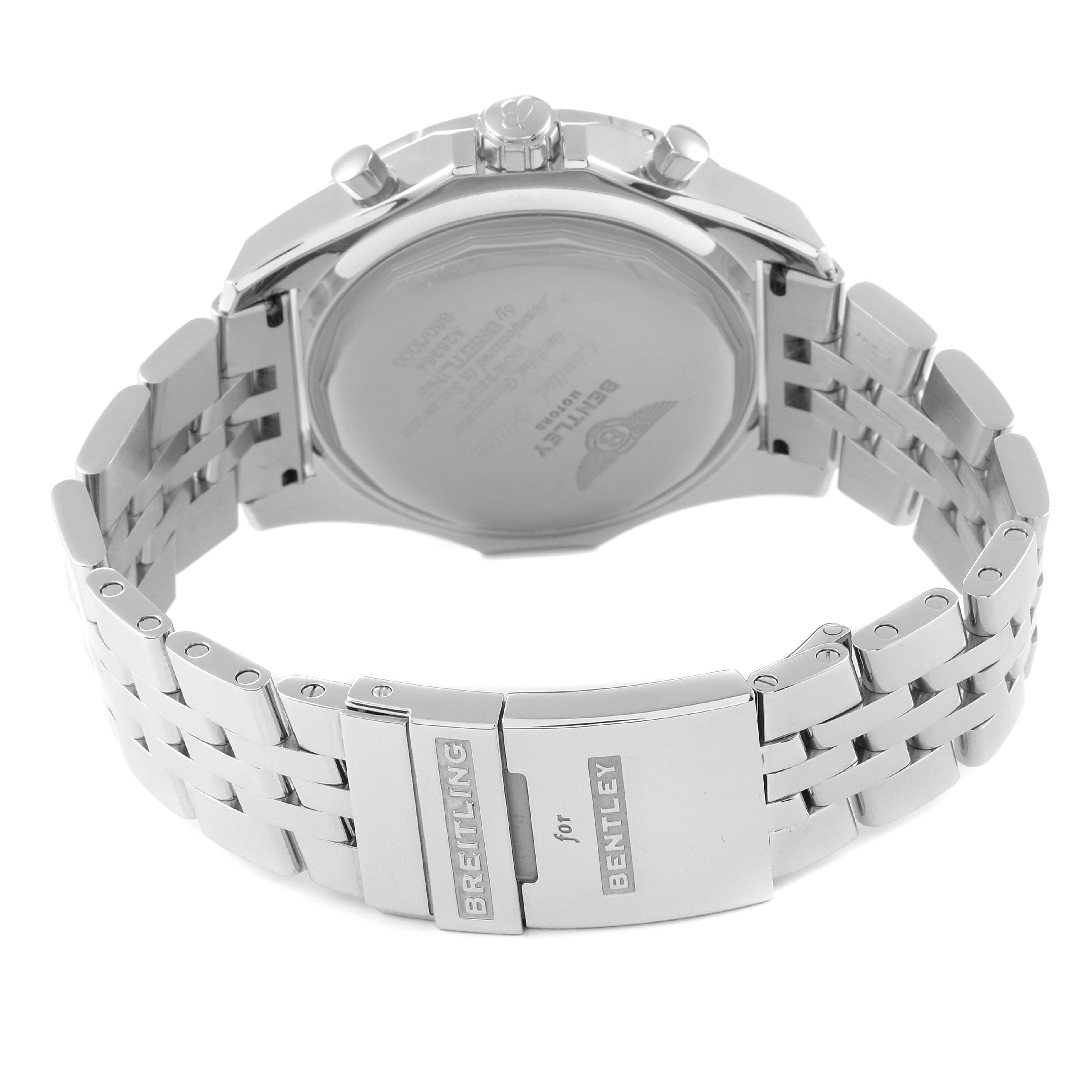 The image shows the back view of the Breitling Bentley A26364 Men's Stainless Steel Black Dial A26364 Men's Stainless Steel Black Dial model watch, focusing on the clasp and stainless steel bracelet.