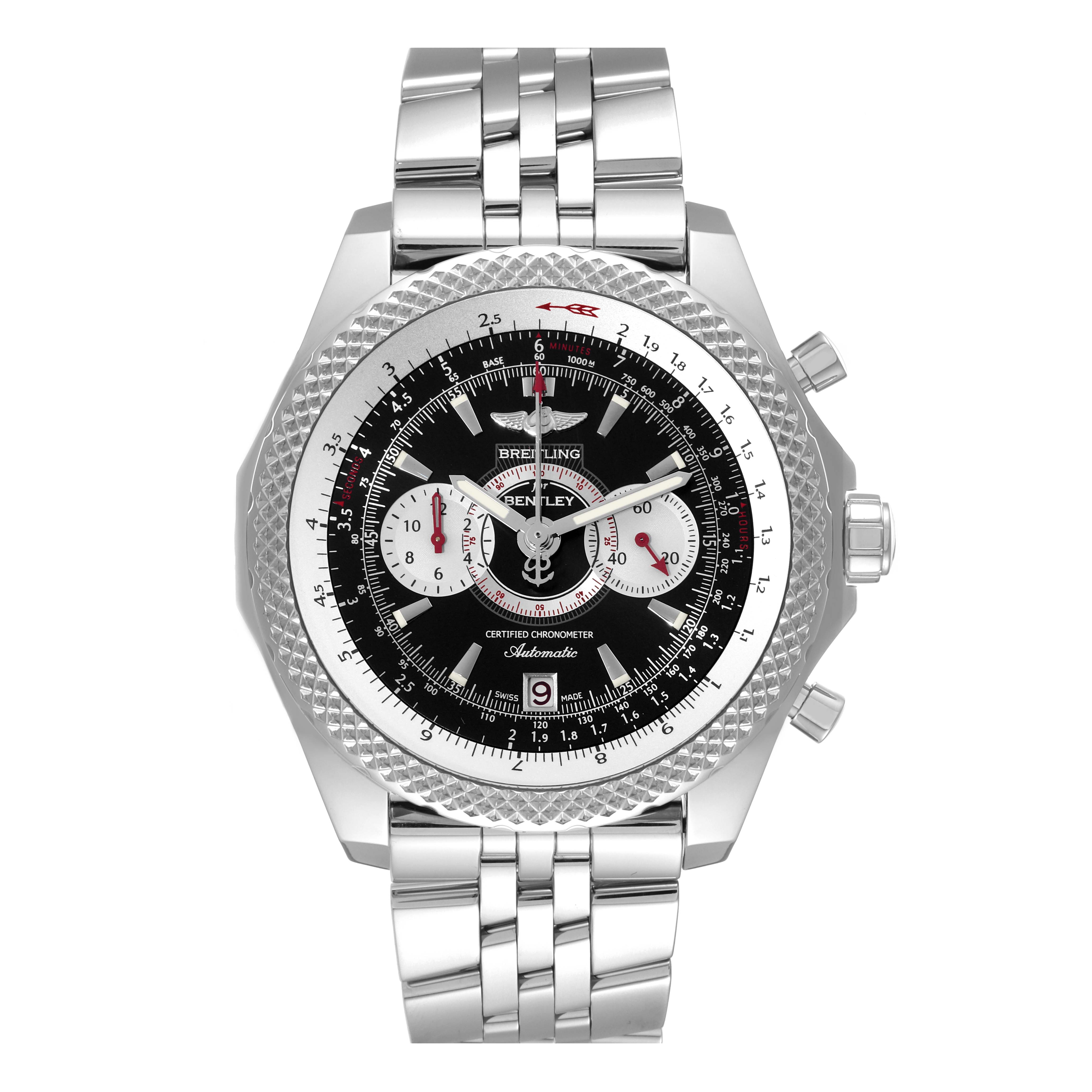 The image shows a front view of a Breitling Bentley A26364 Men's Stainless Steel Black Dial A26364 Men's Stainless Steel Black Dial watch, displaying its dial, bezel, pushers, crown, and bracelet.
