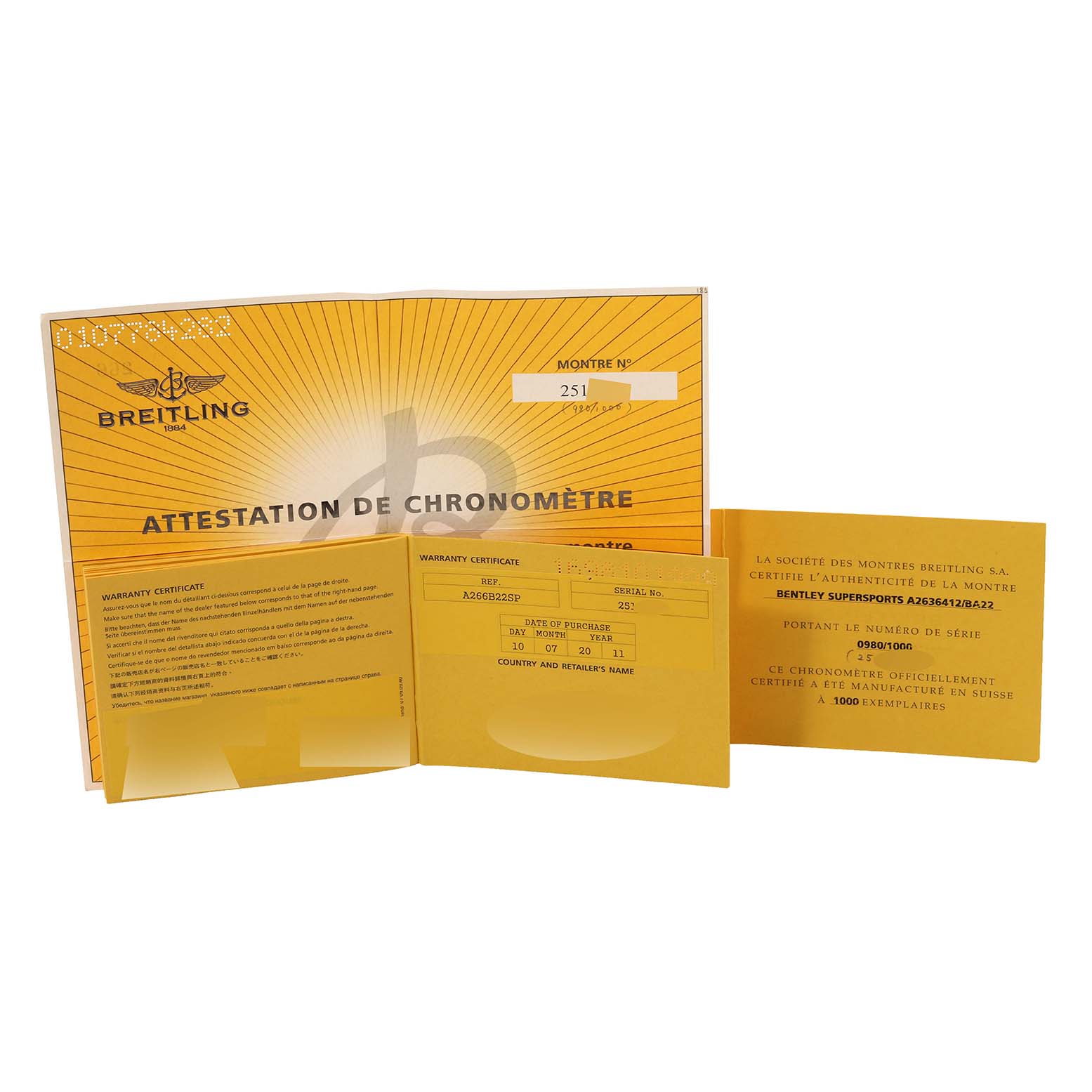 The image shows the warranty booklet and certification documents for the Breitling Bentley A26364 Men's Stainless Steel Black Dial A26364 Men's Stainless Steel Black Dial model, viewed from the front.