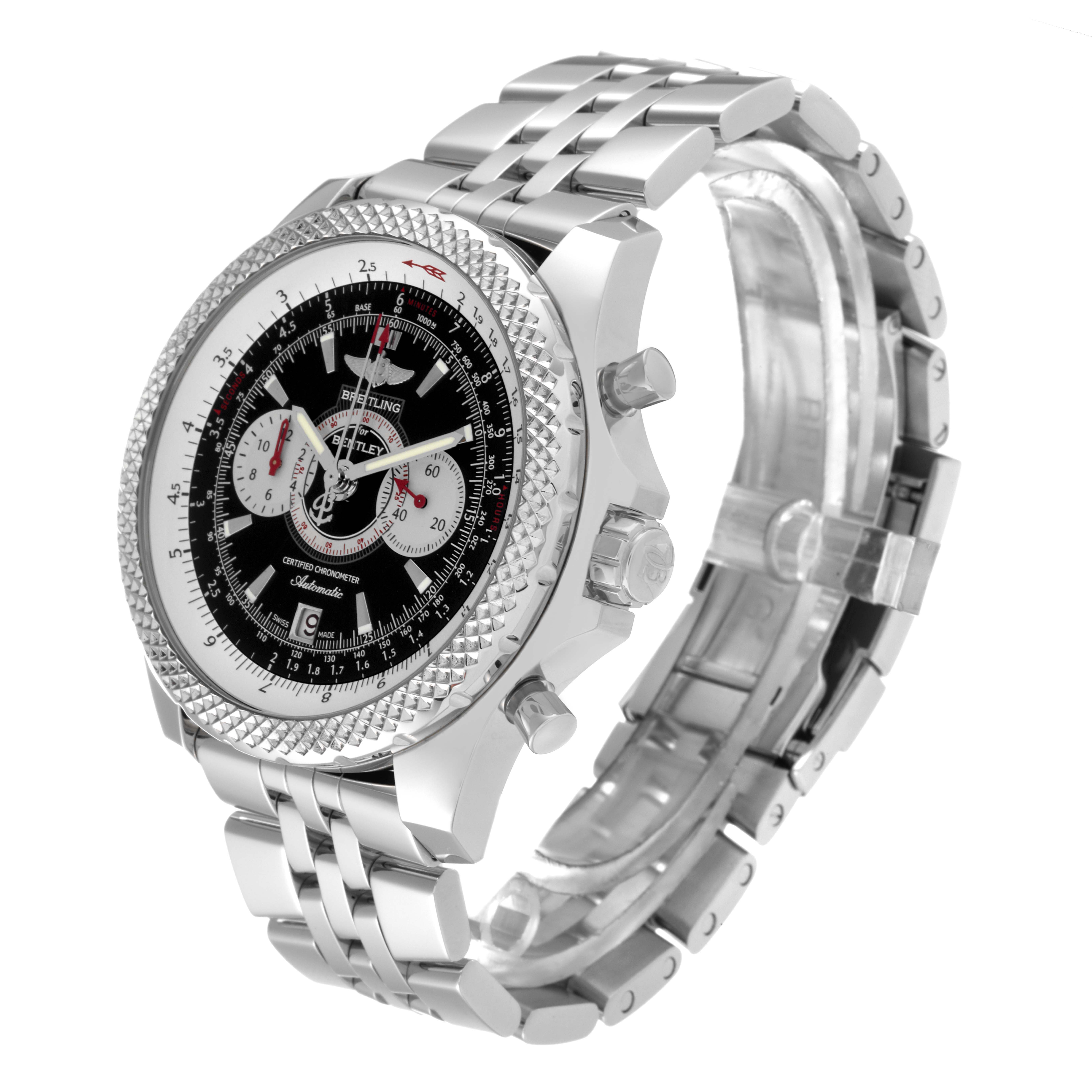 The image shows a Breitling Bentley A26364 Men's Stainless Steel Black Dial A26364 Men's Stainless Steel Black Dial watch at an angle displaying the face, bezel, casing, and metal bracelet.