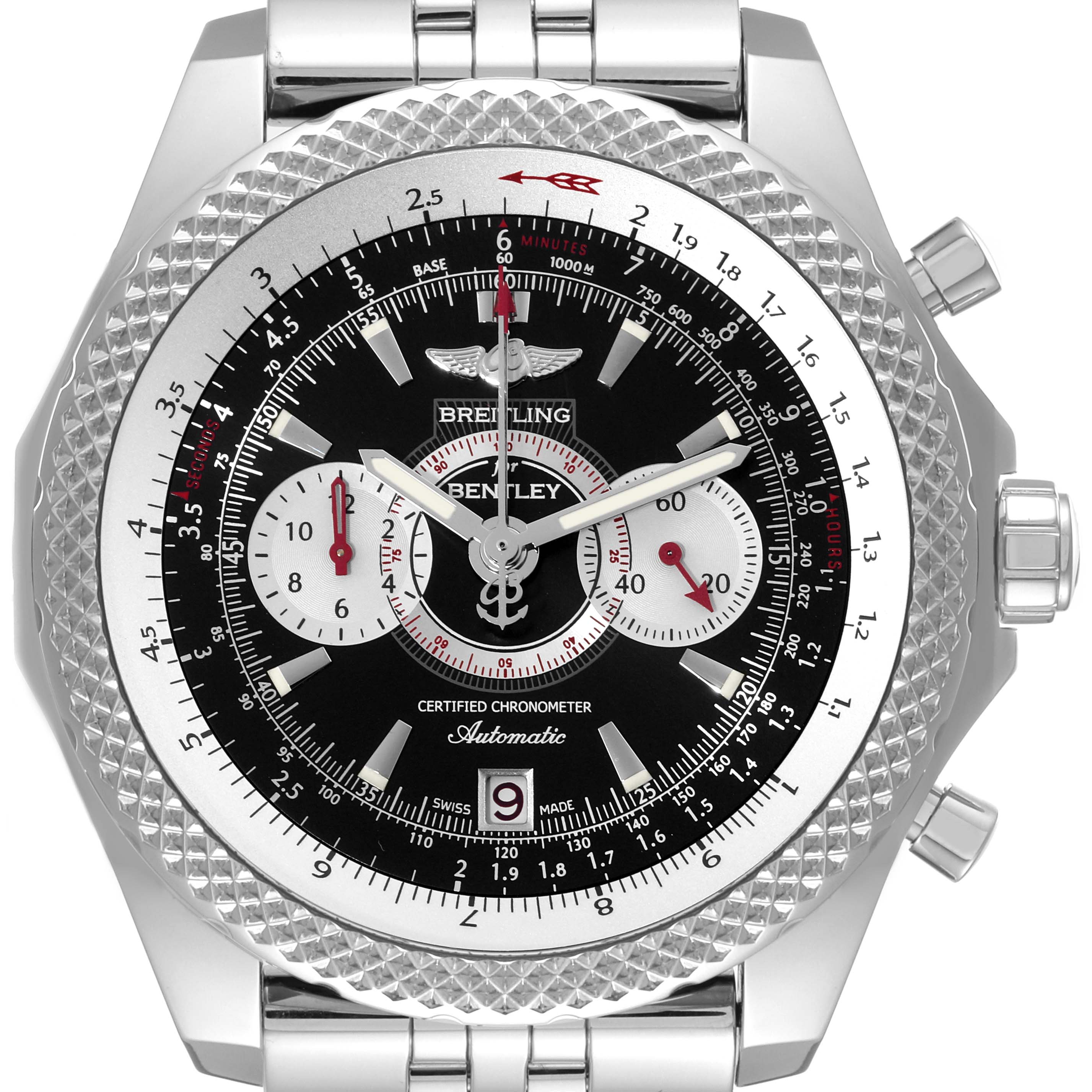 The Breitling Bentley A26364 Men's Stainless Steel Black Dial A26364 Men's Stainless Steel Black Dial watch is shown from a top-down angle, highlighting the face, bezel, and part of the bracelet.