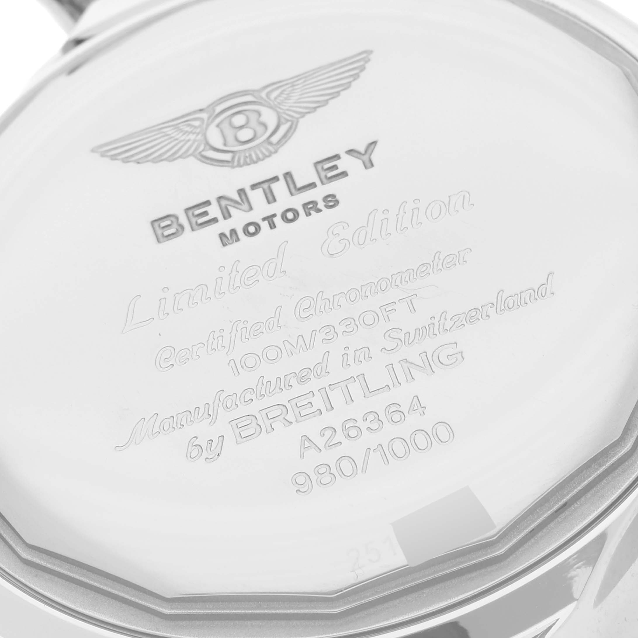 This is a close-up view of the back casing of a Bentley model watch by Breitling.