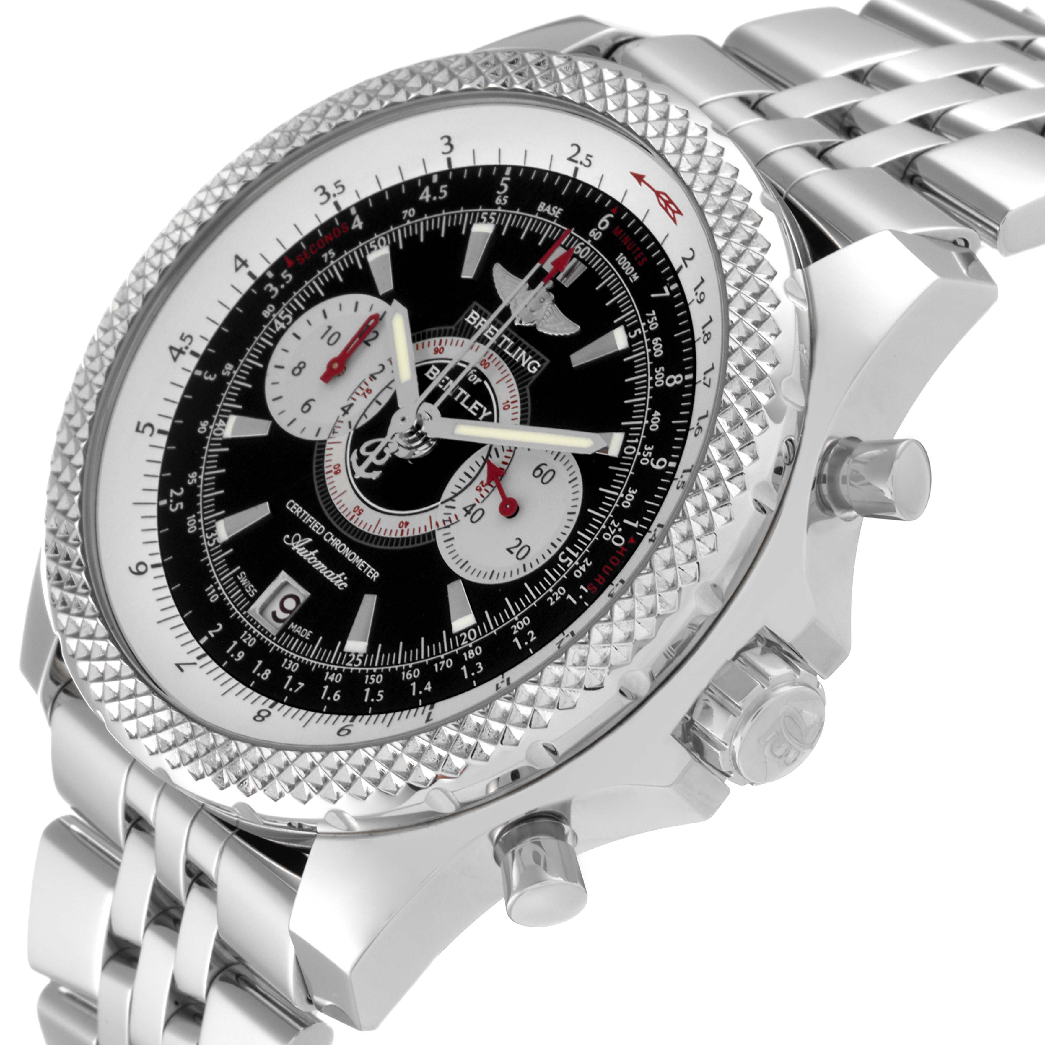 This image shows a close-up side view of the Breitling Bentley A26364 Men's Stainless Steel Black Dial A26364 Men's Stainless Steel Black Dial watch, focusing on the bezel, crown, and part of the bracelet.