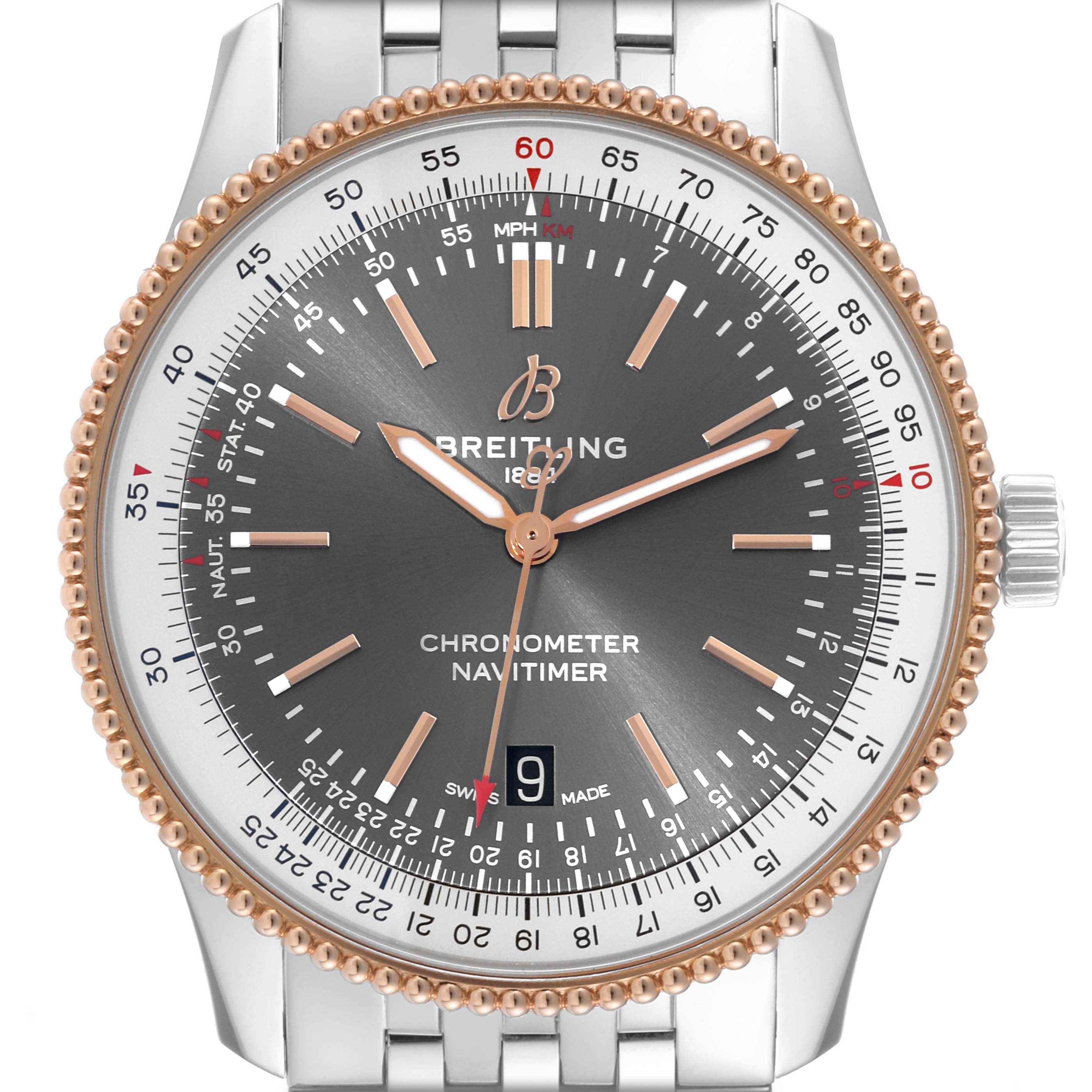 The image shows a front view of a Breitling Navitimer U17326 Men
s Stainless Steel Grey Dial U17326 Men
s Stainless Steel Grey Dial watch, highlighting the dial, bezel, hands, and part of the bracelet.