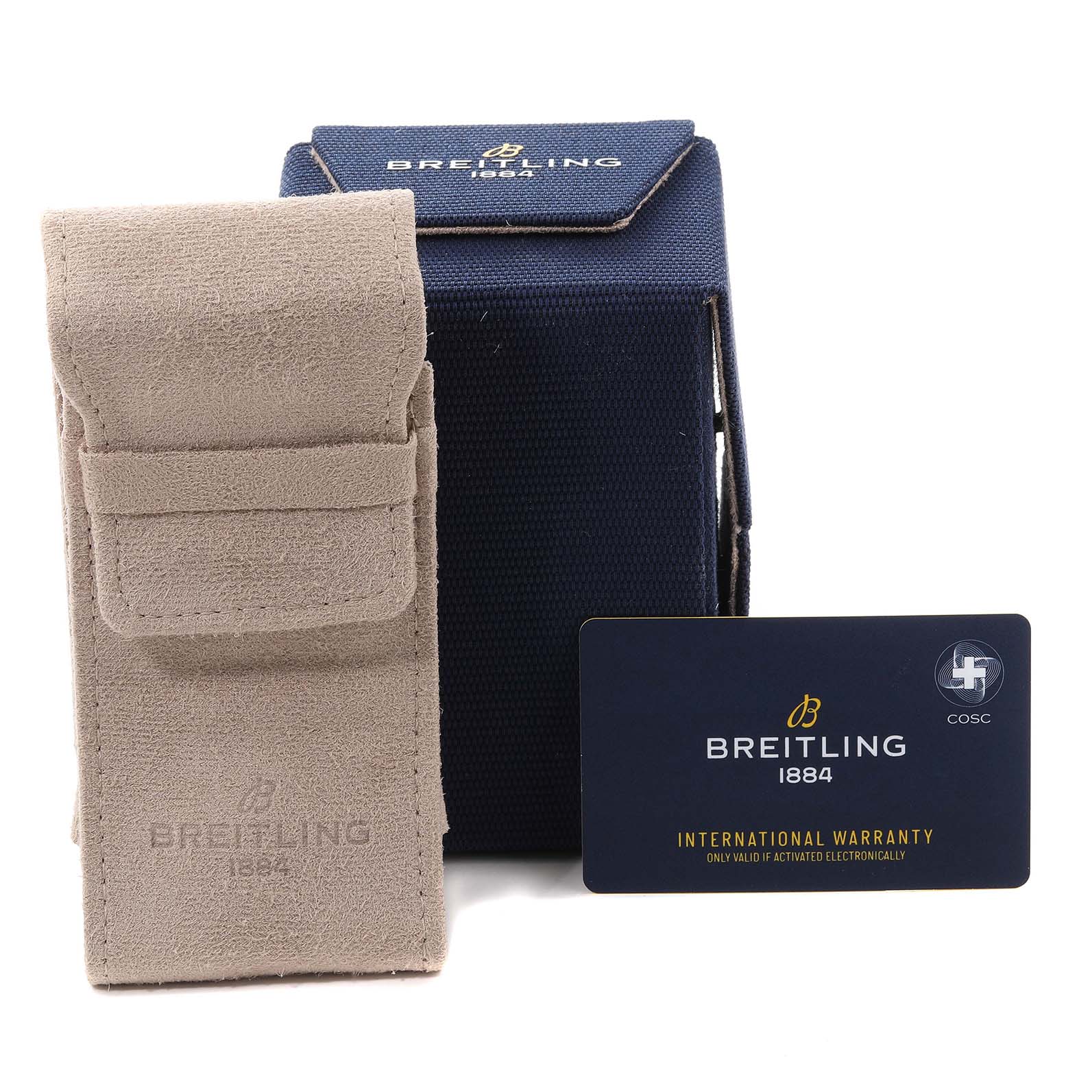 The image shows a Breitling Navitimer U17326 Men
s Stainless Steel Grey Dial U17326 Men
s Stainless Steel Grey Dial packaging with a blue box, beige pouch, and an international warranty card.