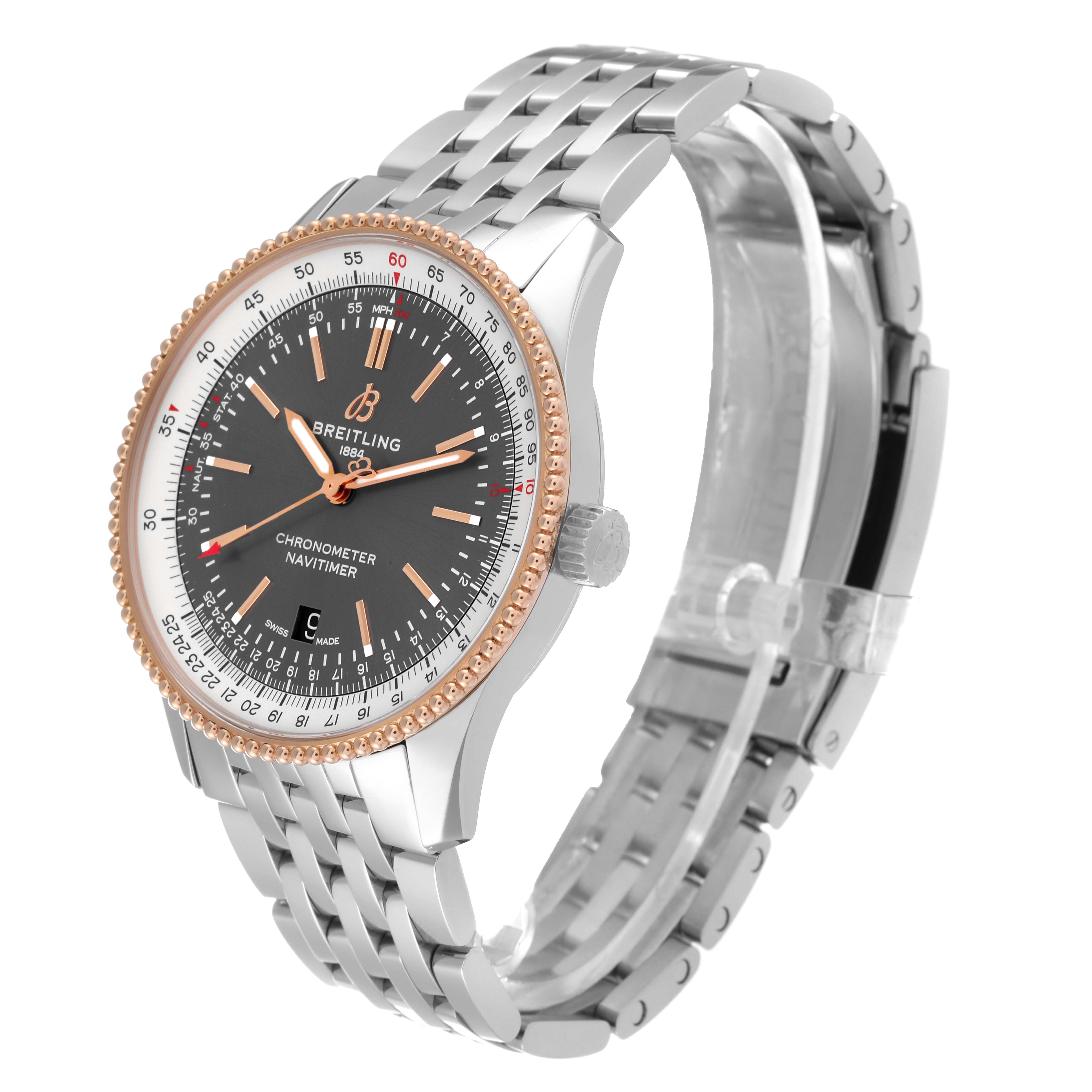 The Breitling Navitimer U17326 Men
s Stainless Steel Grey Dial U17326 Men
s Stainless Steel Grey Dial watch is shown at a three-quarter angle, highlighting its face, bezel, crown, and bracelet.