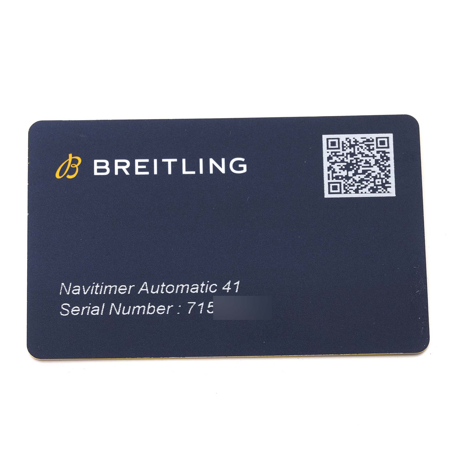 The image shows a Breitling Navitimer U17326 Men
s Stainless Steel Grey Dial U17326 Men
s Stainless Steel Grey Dial Automatic 41 warranty card with a QR code.