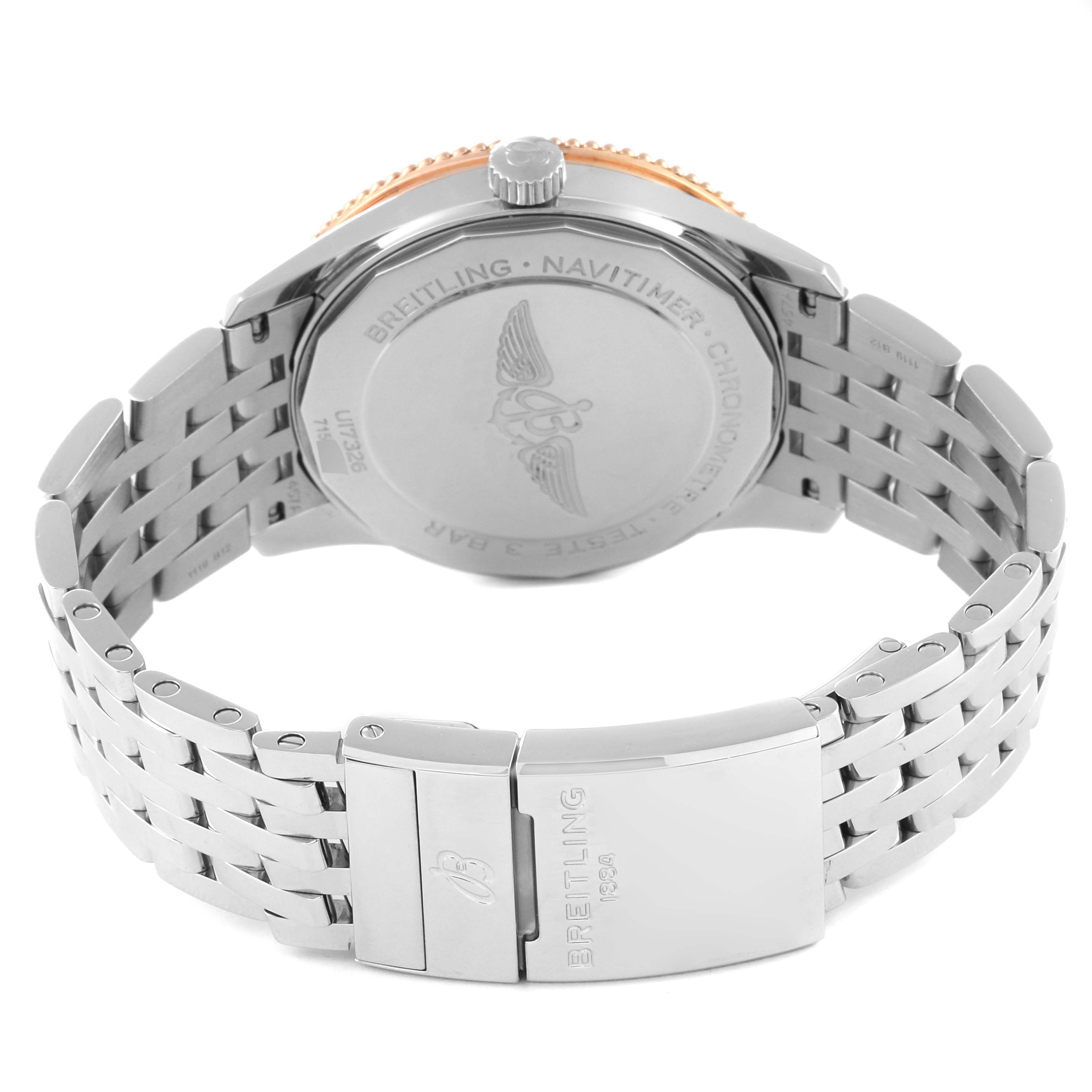 The image shows the back view of the Breitling Navitimer U17326 Men
s Stainless Steel Grey Dial U17326 Men
s Stainless Steel Grey Dial watch, highlighting the case back, crown, and stainless steel bracelet with clasp.