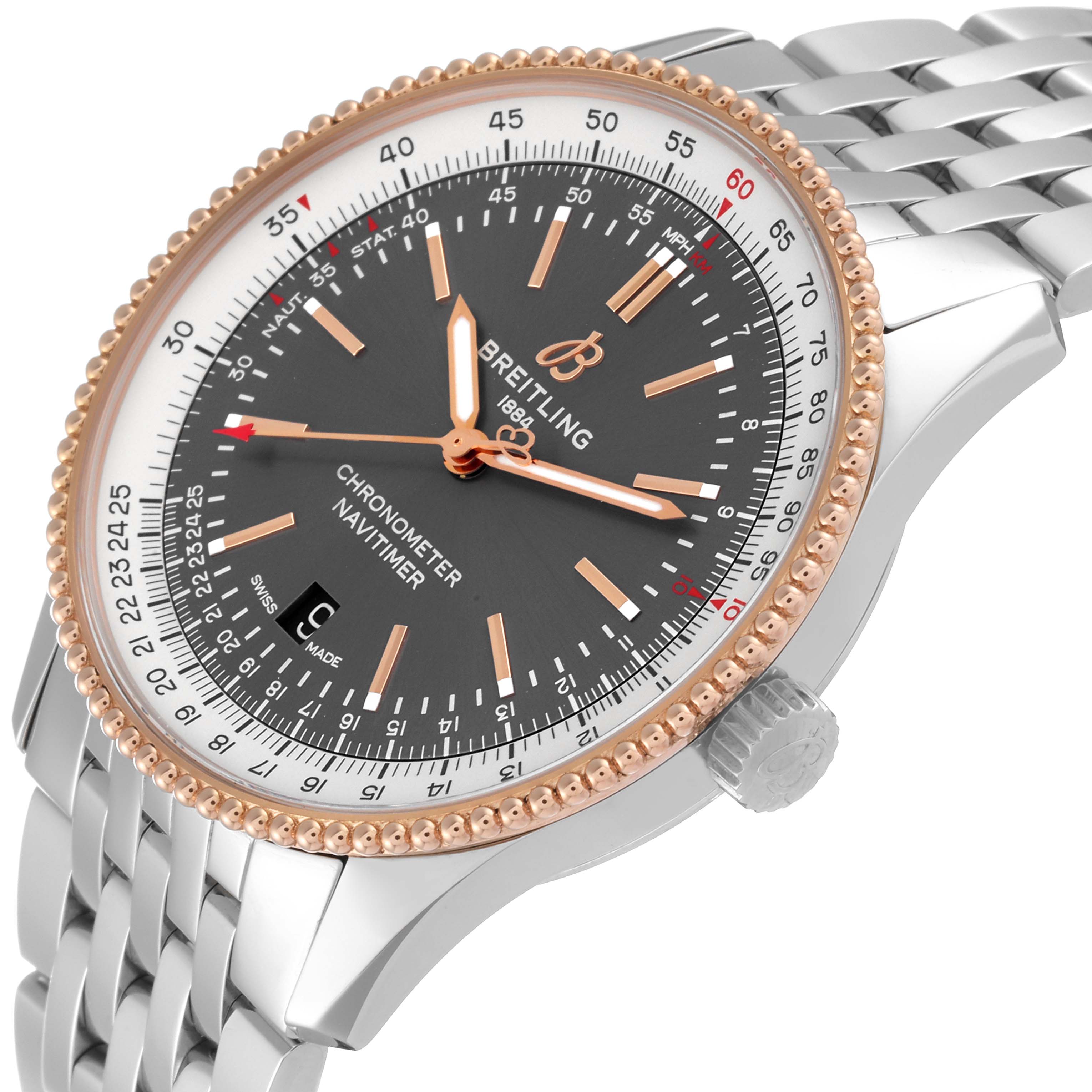 The image shows a close-up angle of the Breitling Navitimer U17326 Men
s Stainless Steel Grey Dial U17326 Men
s Stainless Steel Grey Dial watch, highlighting the face, bezel, and part of the band.
