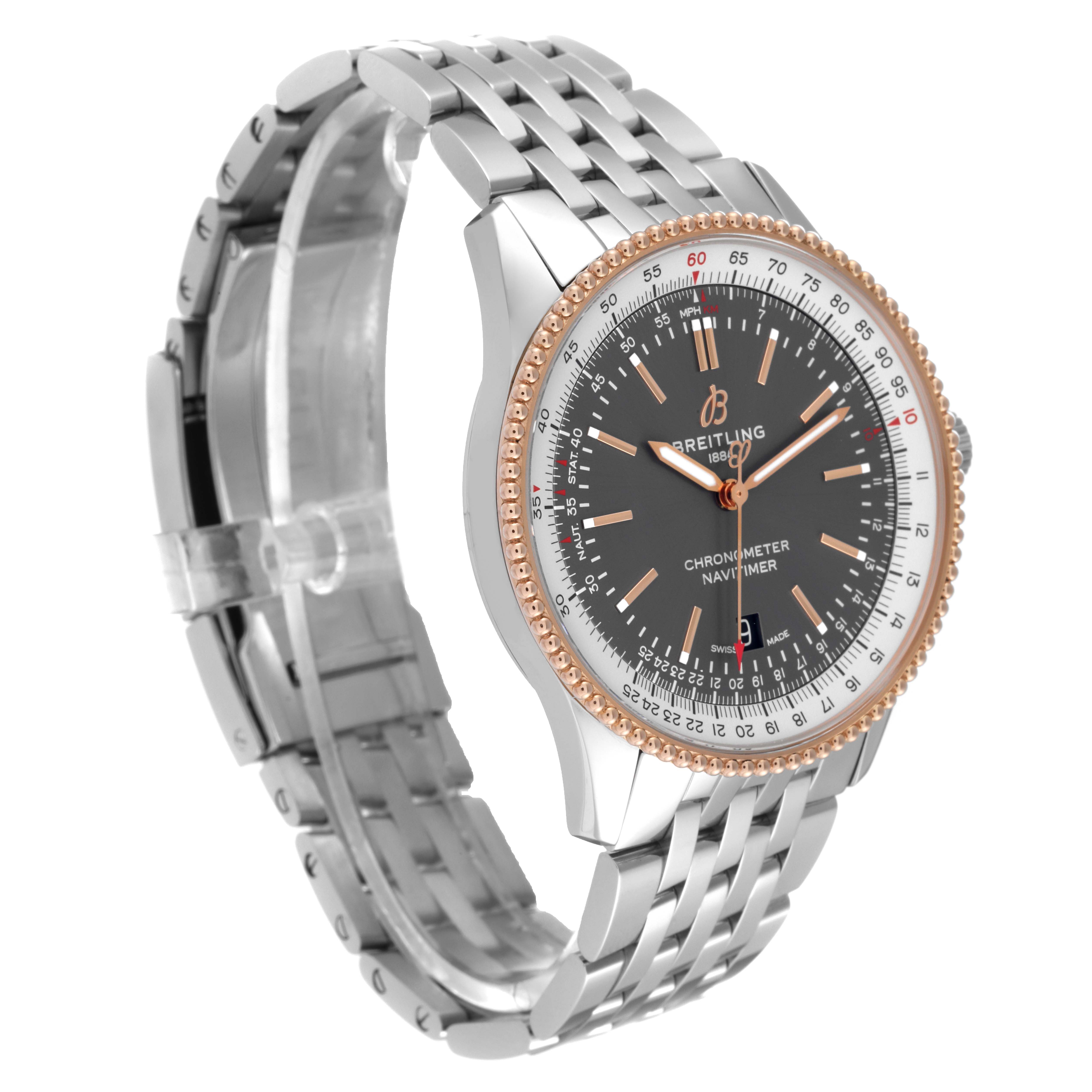 The image shows a Breitling Navitimer U17326 Men
s Stainless Steel Grey Dial U17326 Men
s Stainless Steel Grey Dial watch at a three-quarter angle, highlighting the face, bracelet, and case.