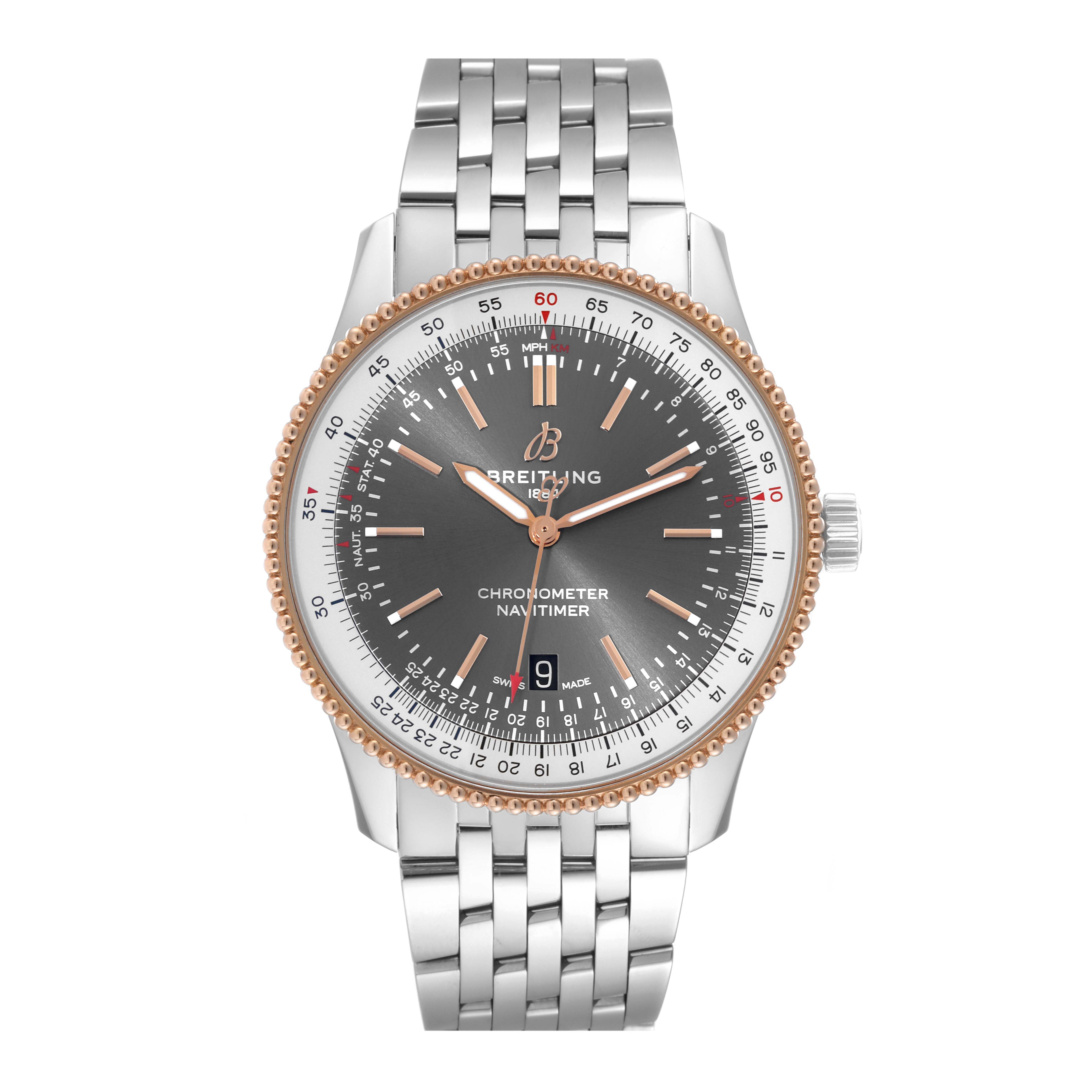 The image shows a front angle view of the Breitling Navitimer U17326 Men
s Stainless Steel Grey Dial U17326 Men
s Stainless Steel Grey Dial watch, highlighting the dial, bezel, and bracelet.