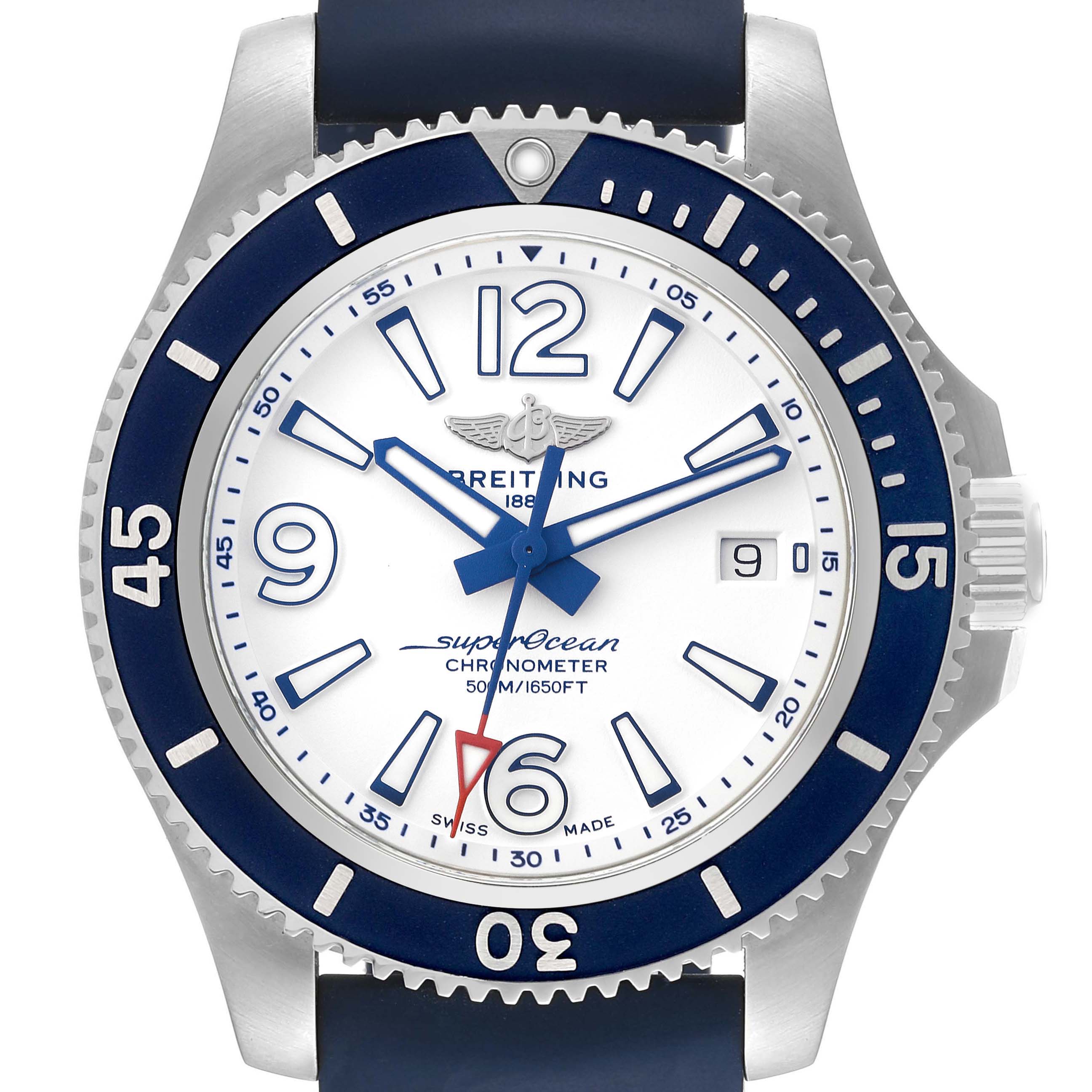 This image shows the front view of a Breitling Superocean A17366 Men's Stainless Steel White Dial A17366 Men's Stainless Steel White Dial watch, displaying its dial, bezel, and part of the strap.