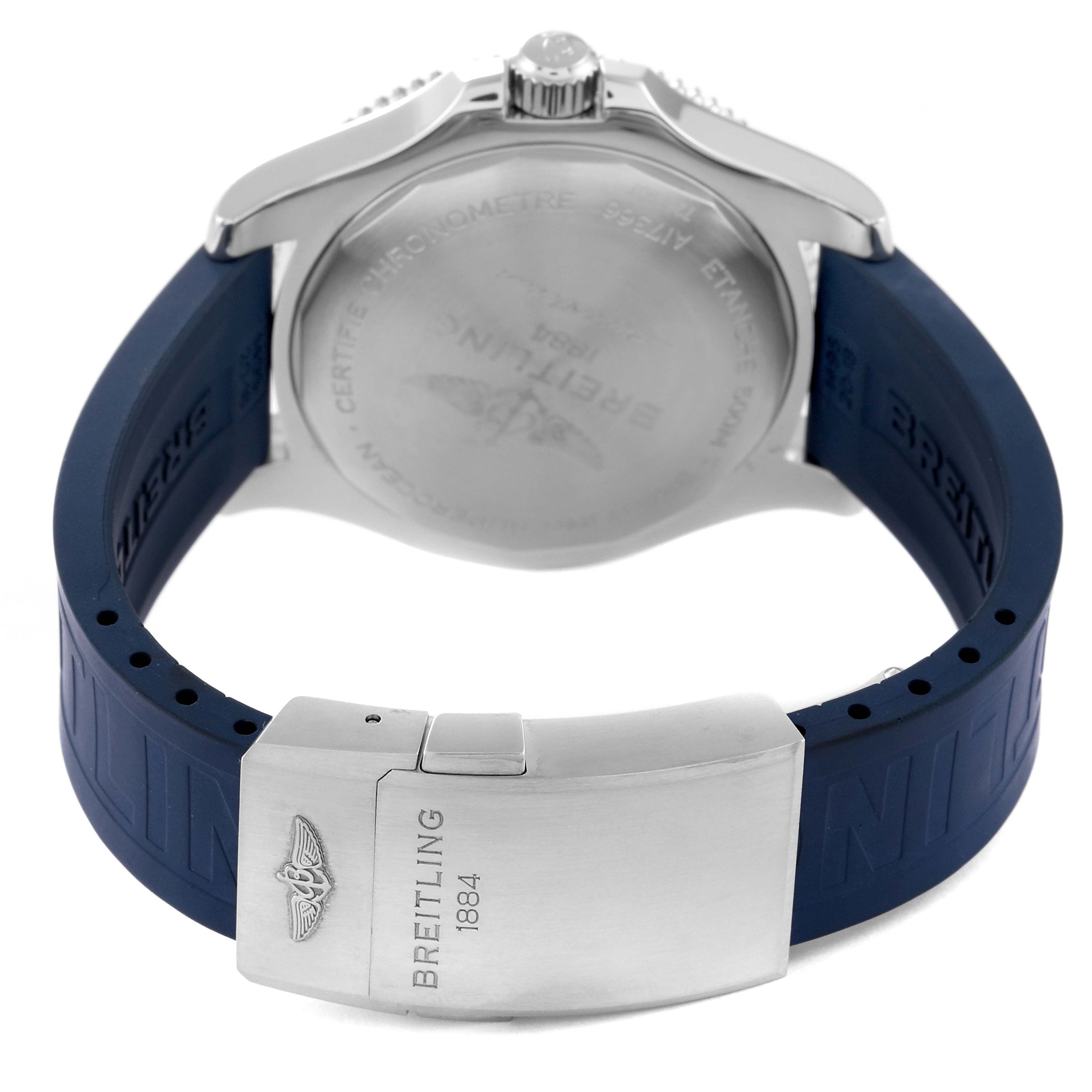 The image shows the back of a Breitling Superocean A17366 Men's Stainless Steel White Dial A17366 Men's Stainless Steel White Dial watch, highlighting the caseback and blue rubber strap with a clasp.