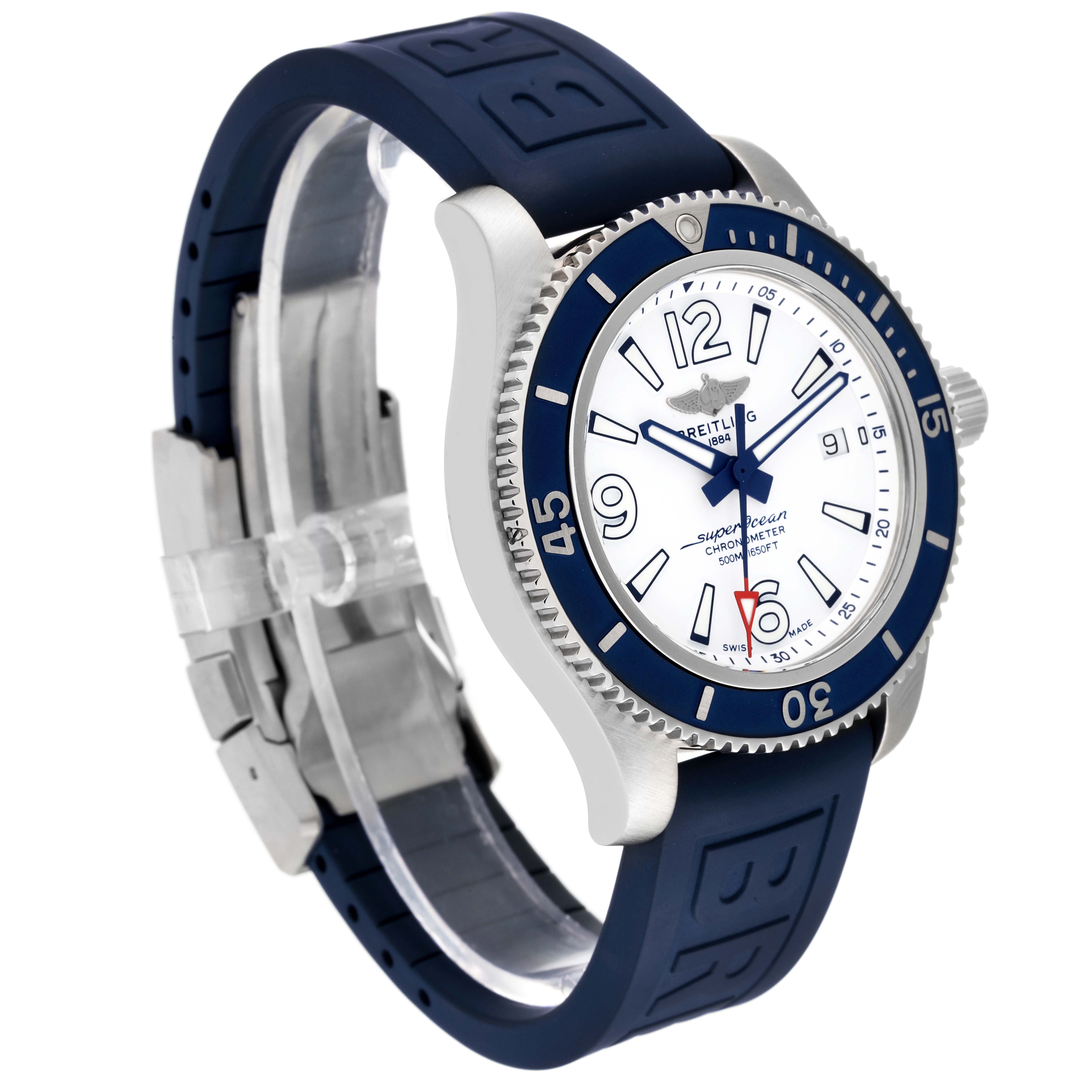 This image shows a Breitling Superocean A17366 Men's Stainless Steel White Dial A17366 Men's Stainless Steel White Dial watch at a three-quarter angle highlighting the face, bezel, and rubber strap.