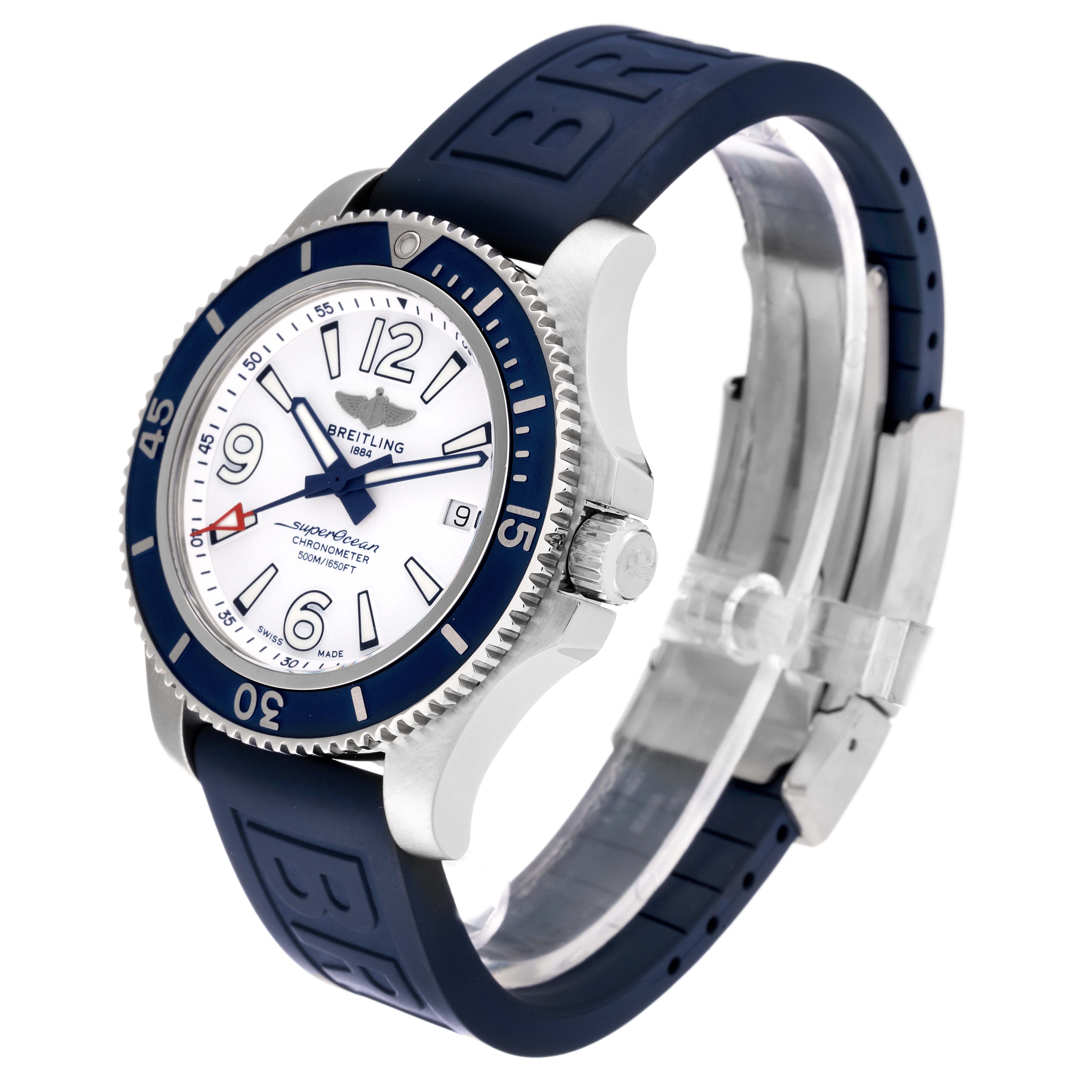 The image shows a Breitling Superocean A17366 Men's Stainless Steel White Dial A17366 Men's Stainless Steel White Dial watch at an angle highlighting the face, bezel, crown, and part of the blue strap.