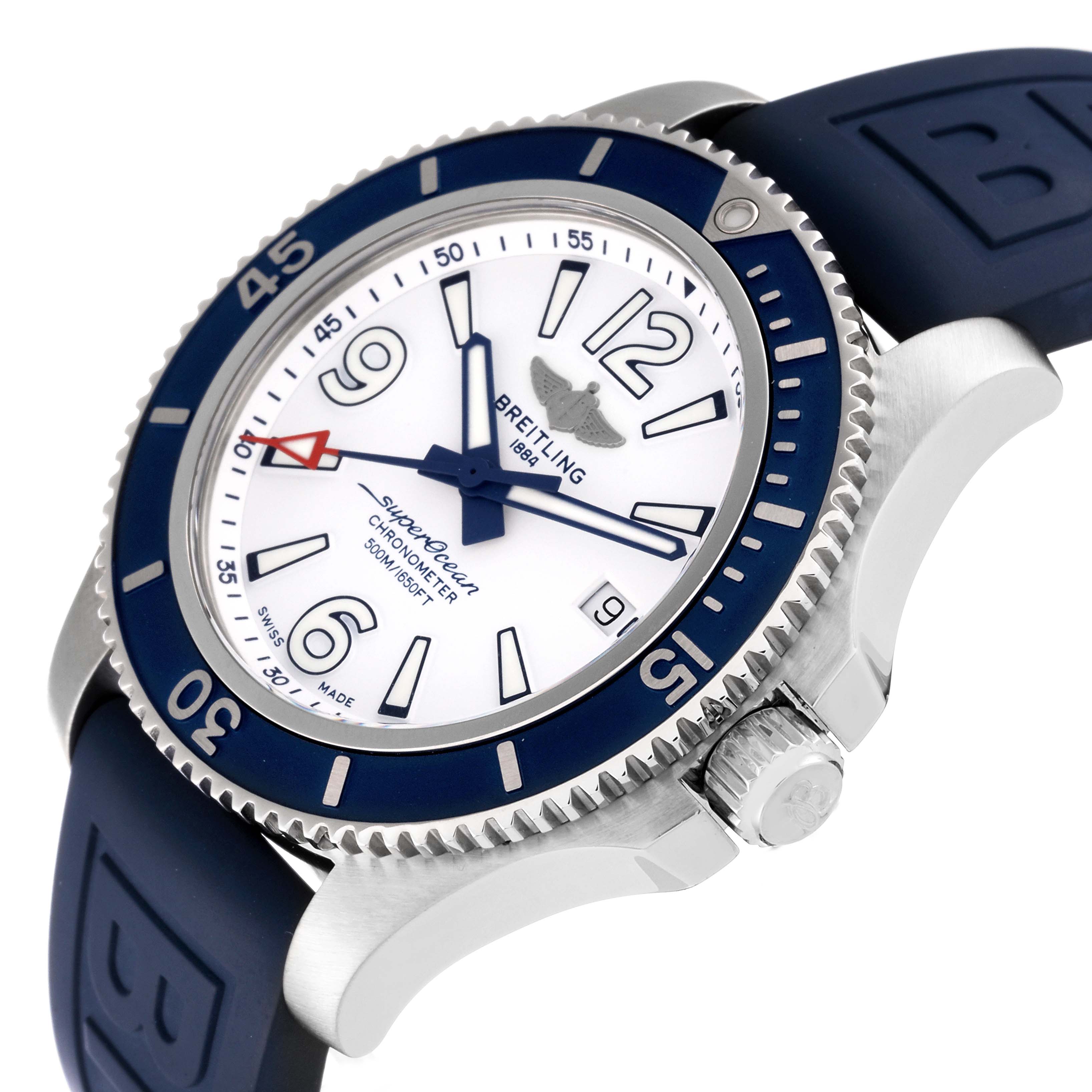 This image shows a side angle view of a Breitling Superocean A17366 Men's Stainless Steel White Dial A17366 Men's Stainless Steel White Dial watch, highlighting the face, bezel, and part of the strap.