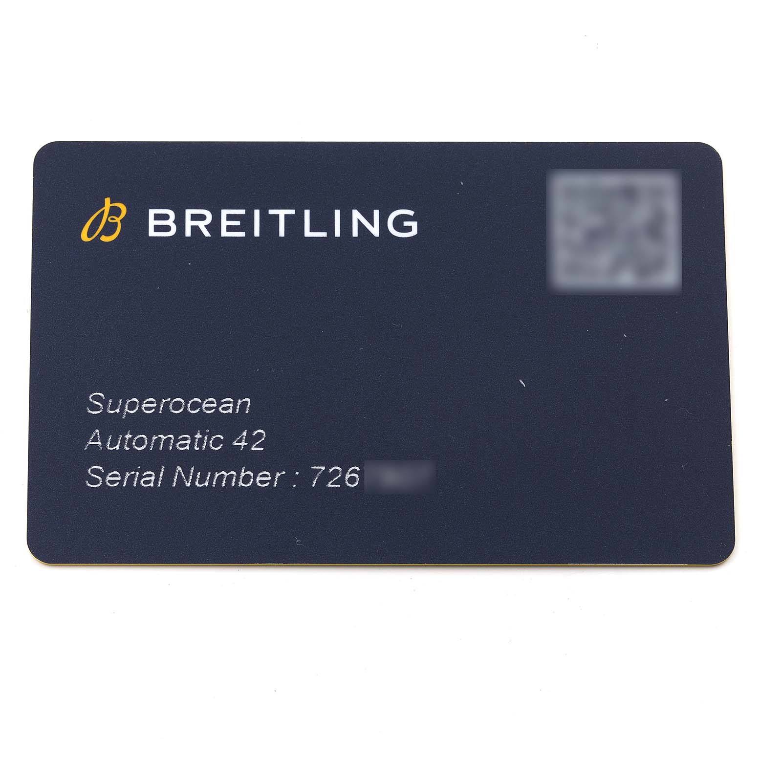 This image shows a warranty card for the Breitling Superocean A17366 Men's Stainless Steel White Dial A17366 Men's Stainless Steel White Dial Automatic 42 with a serial number partially visible.