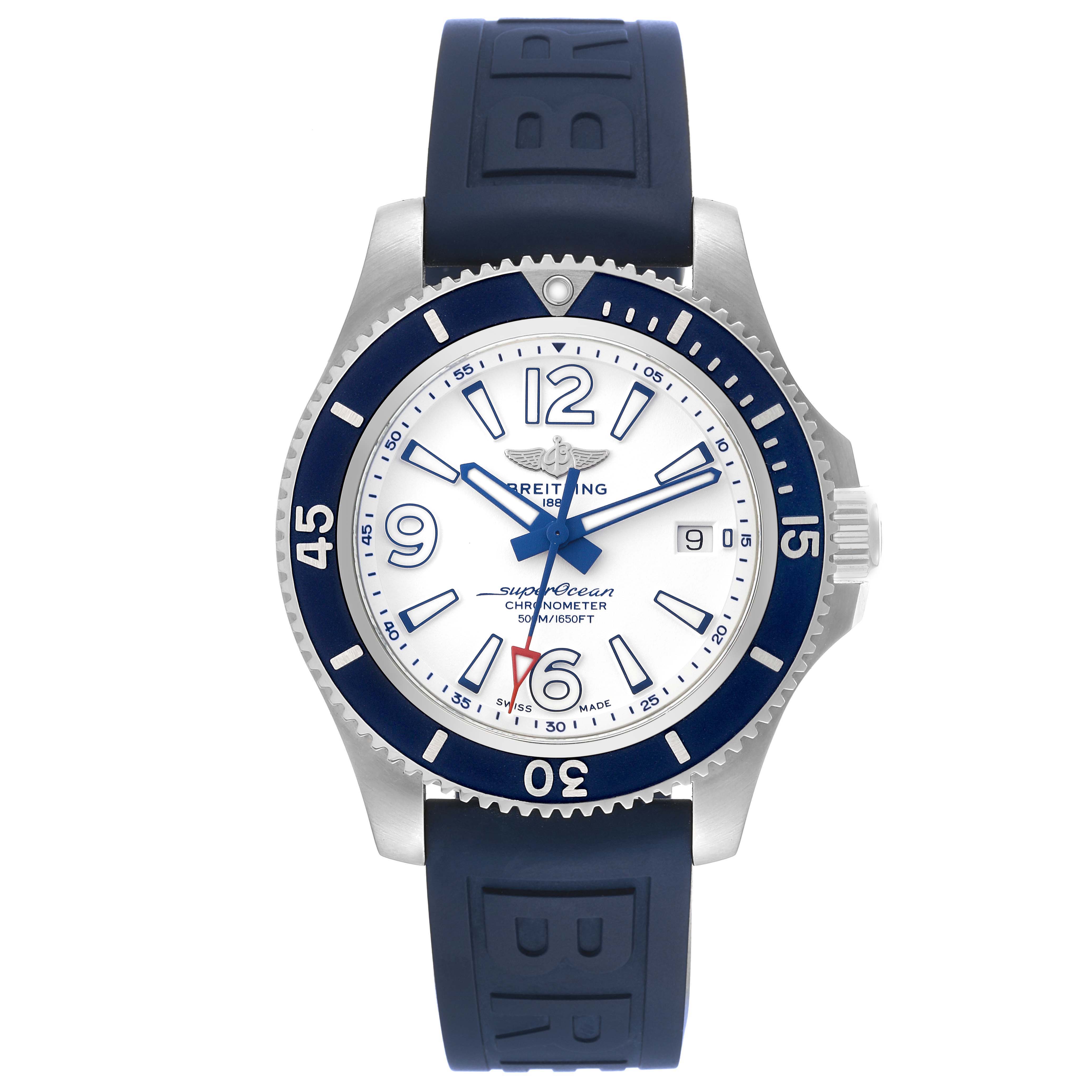 This Breitling Superocean A17366 Men's Stainless Steel White Dial A17366 Men's Stainless Steel White Dial watch shows a front view with a blue bezel, white dial, and blue rubber strap.