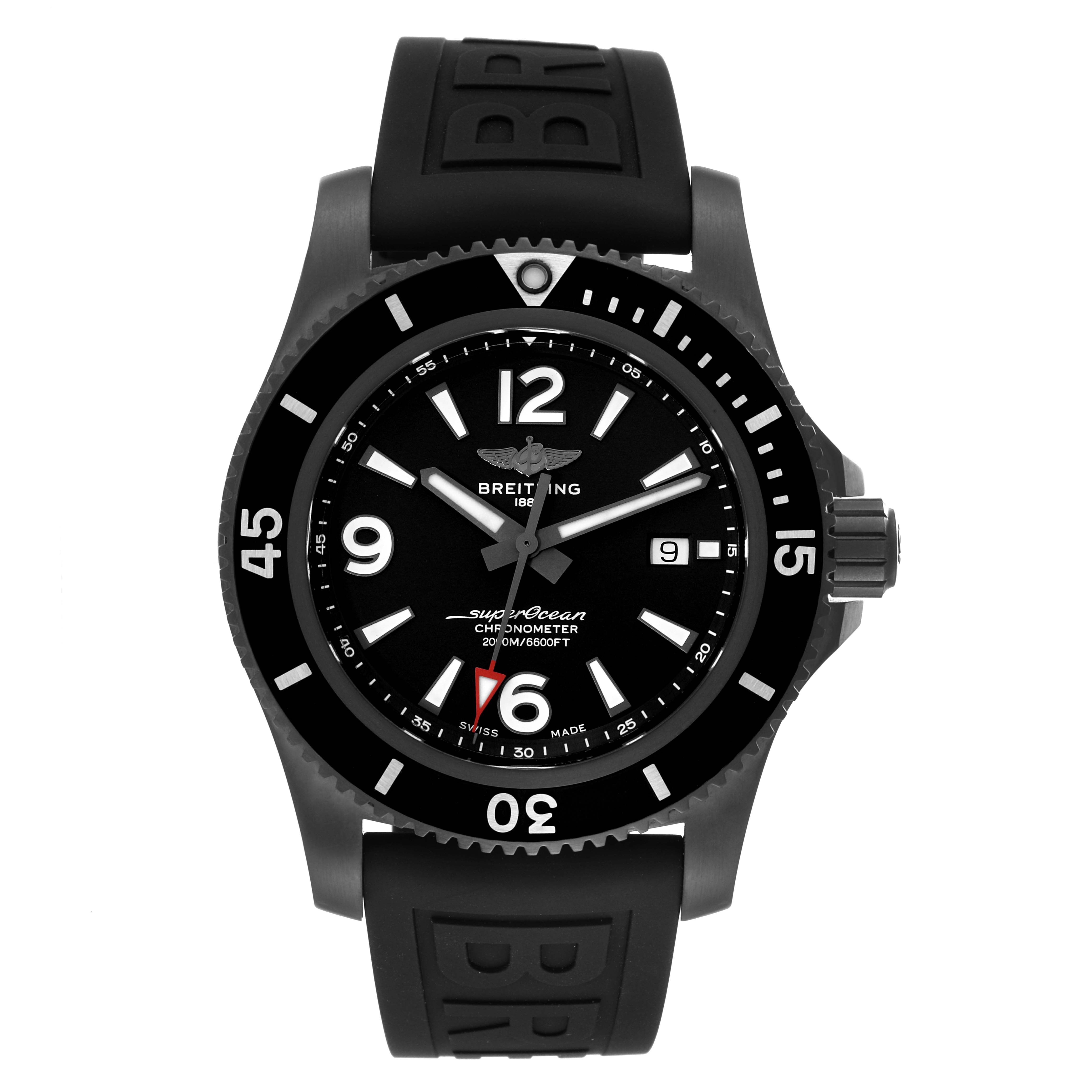 The image shows a front view of the Breitling Superocean M17368 Men's Stainless Steel Black Dial M17368 Men's Stainless Steel Black Dial watch, highlighting its black dial, bezel, and rubber strap.