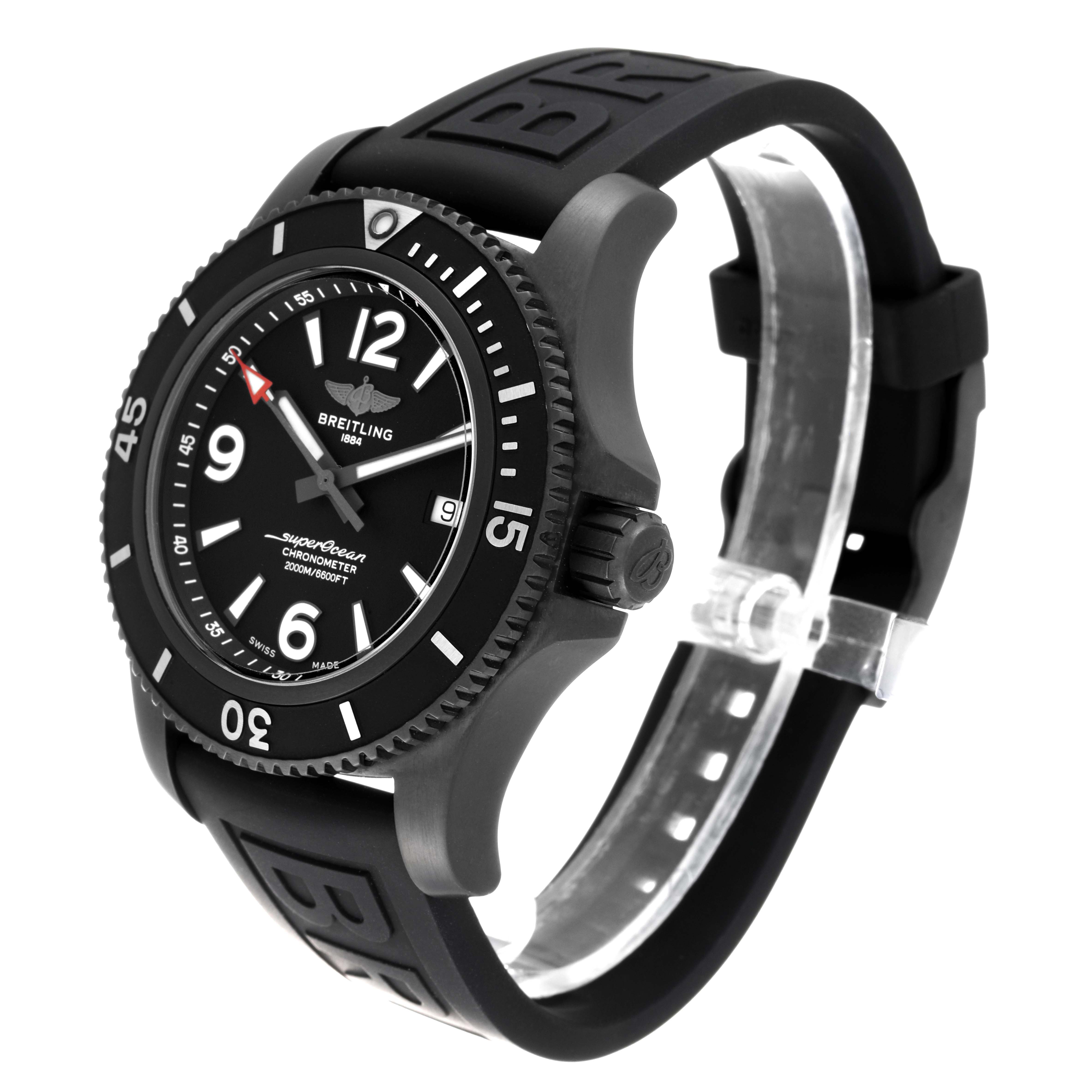 The Breitling Superocean M17368 Men's Stainless Steel Black Dial M17368 Men's Stainless Steel Black Dial watch is shown at a three-quarter angle, highlighting the face, bezel, and rubber strap.