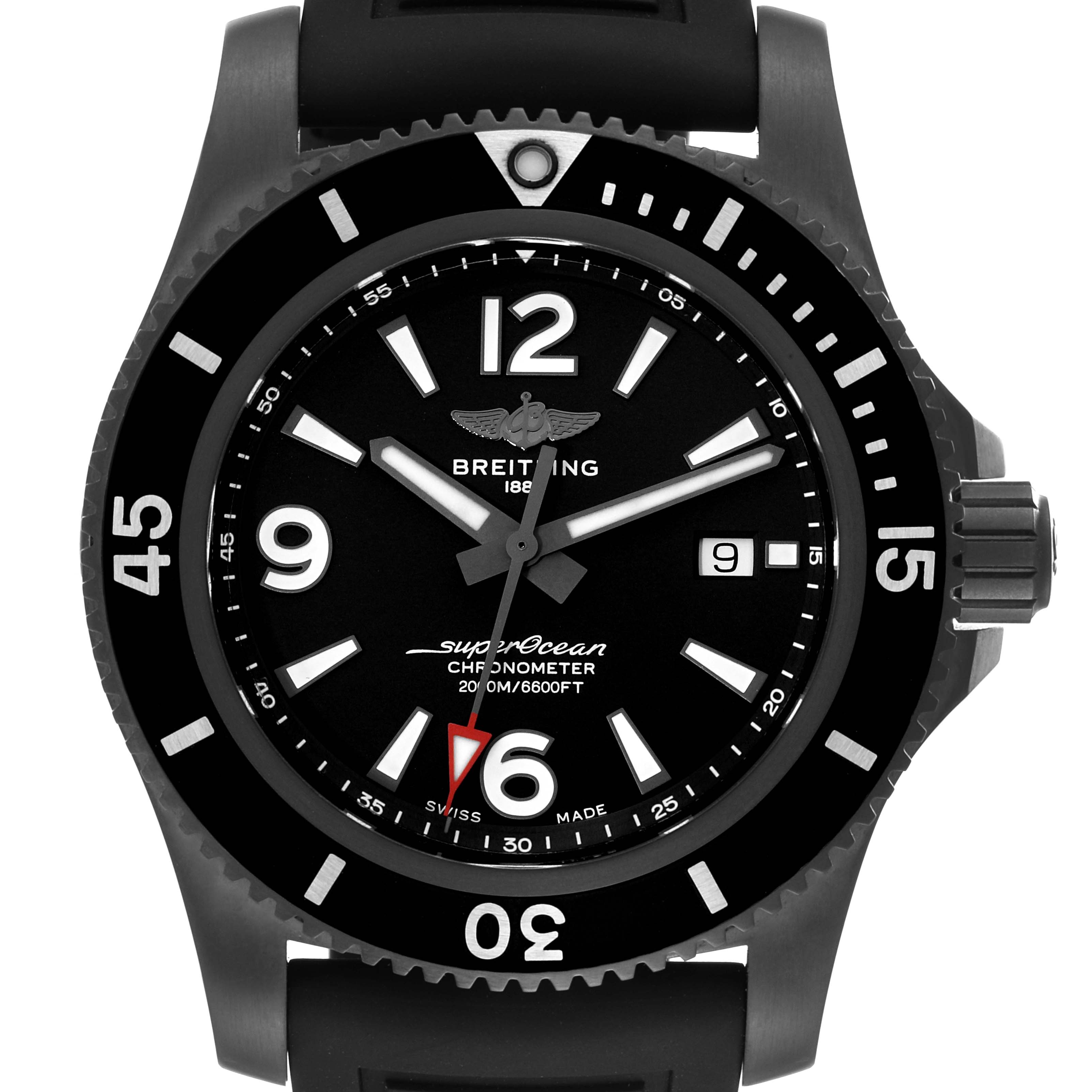 This is a front view of a Breitling Superocean M17368 Men's Stainless Steel Black Dial M17368 Men's Stainless Steel Black Dial watch, showing the dial, bezel, and strap.