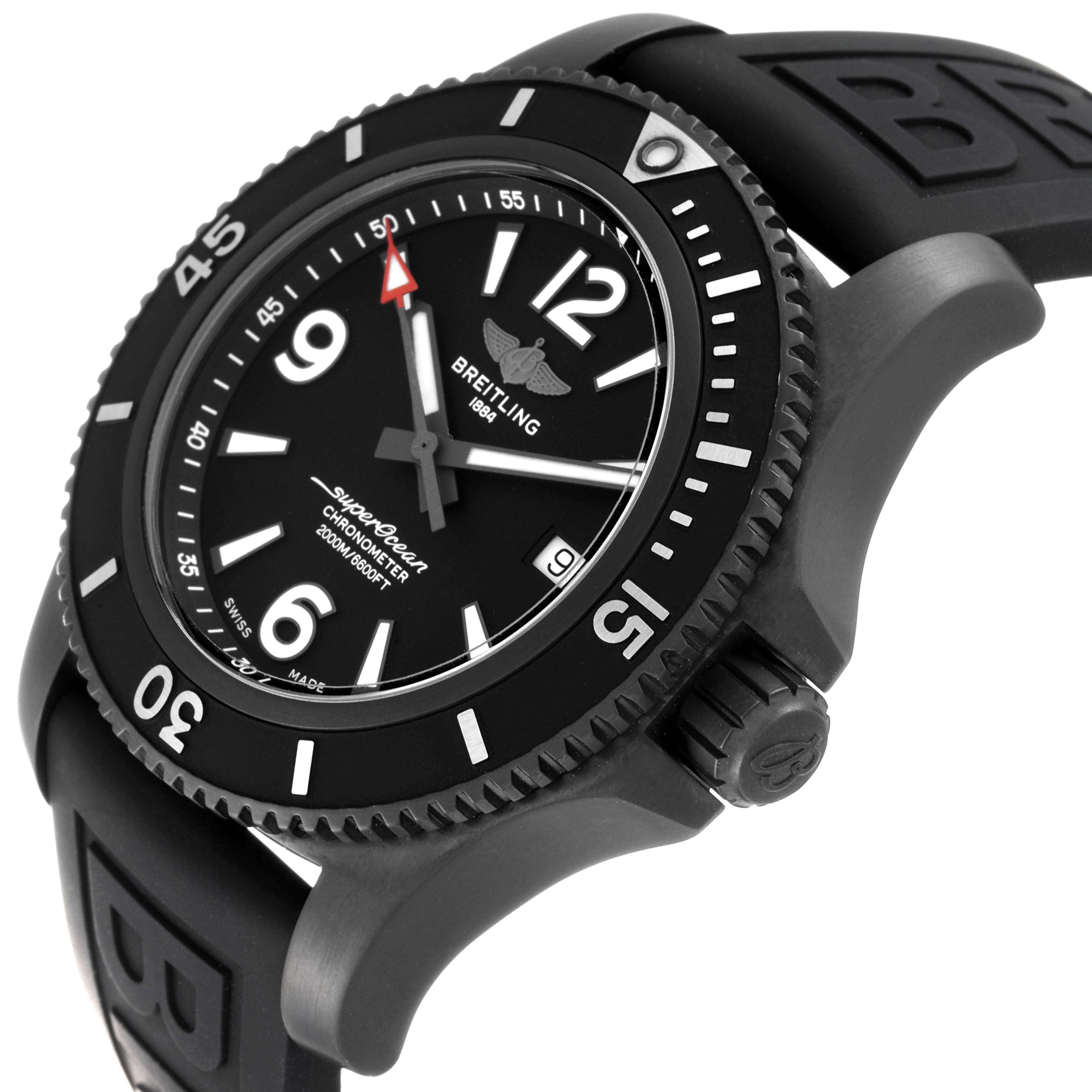 This image shows a side-angle view of the Breitling Superocean M17368 Men's Stainless Steel Black Dial M17368 Men's Stainless Steel Black Dial watch, showcasing the watch face, bezel, crown, and part of the strap.
