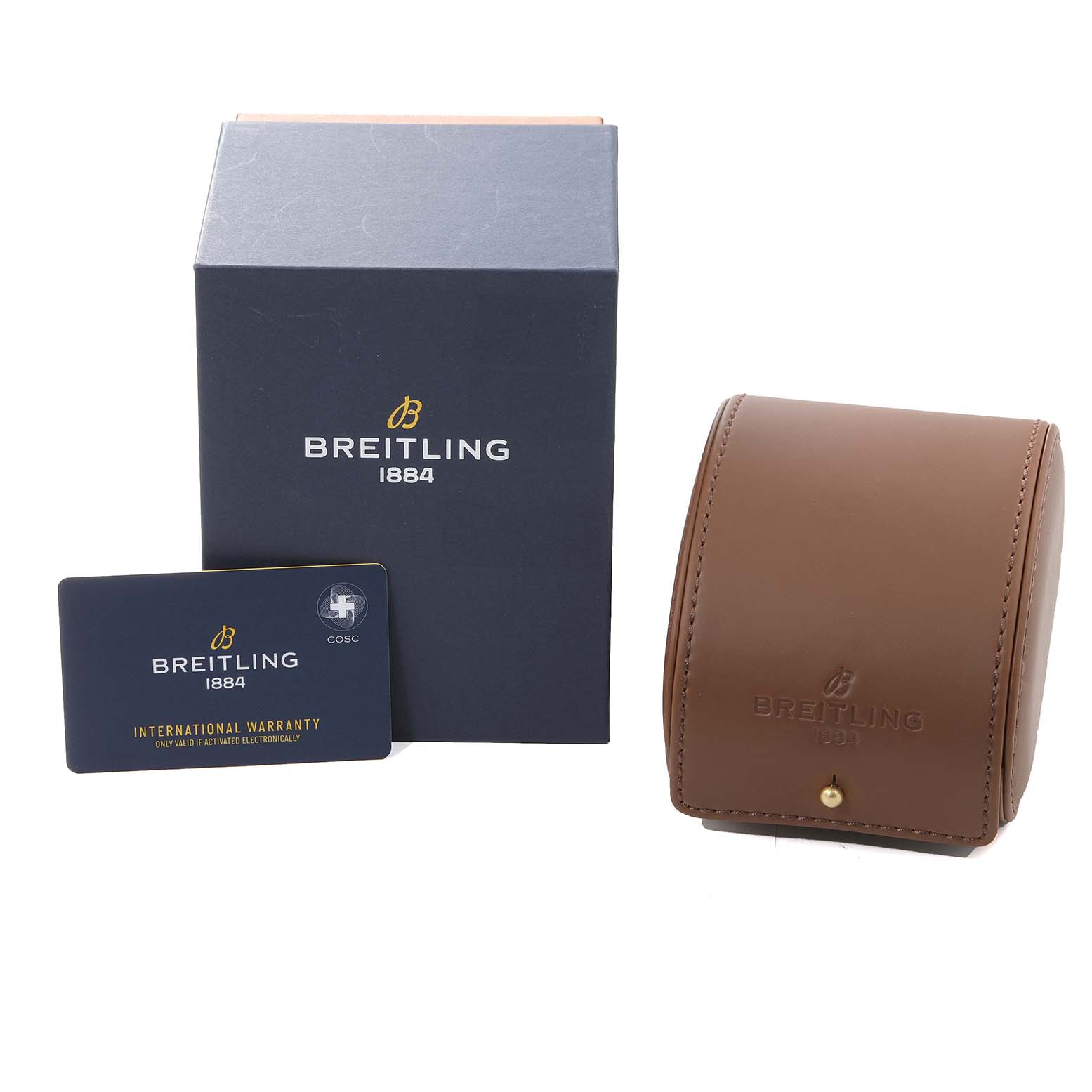 The image shows the packaging box, warranty card, and watch case for the Breitling Superocean M17368 Men's Stainless Steel Black Dial M17368 Men's Stainless Steel Black Dial model from a front angle.