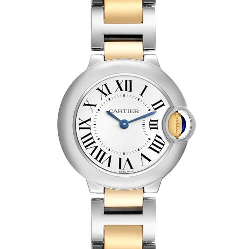 The Cartier Ballon Bleu W69007Z3 Women's Steel and Gold (two tone) Silver Dial watch is shown from a front angle, featuring the dial, Roman numerals, and the crown with a blue cabochon.