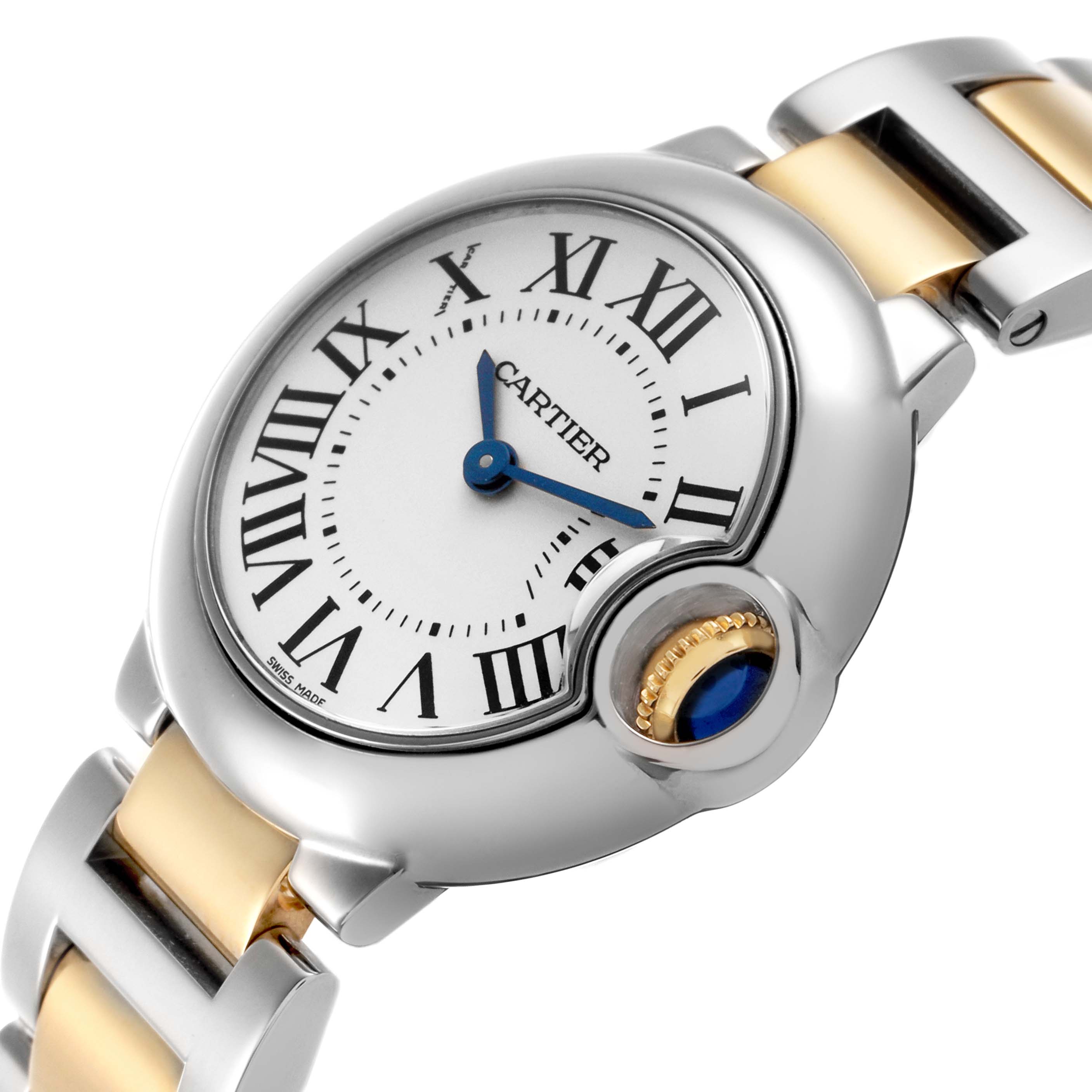 The Cartier Ballon Bleu W69007Z3 Women's Steel and Gold (two tone) Silver Dial watch is shown at an angled view, highlighting the dial, blue hands, Roman numerals, and gold crown with blue cabochon.