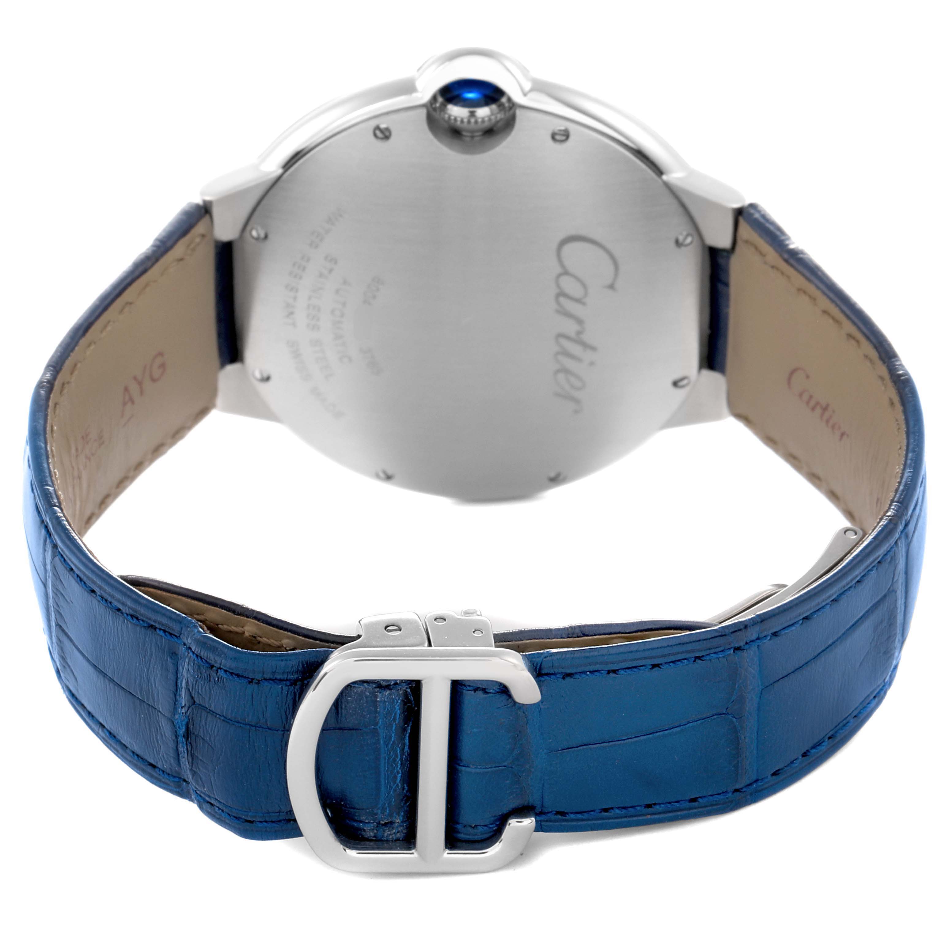The image shows the back of the Cartier Ballon Bleu WSBB0027 men's watch, featuring its case back, blue alligator leather strap, and deployment buckle.