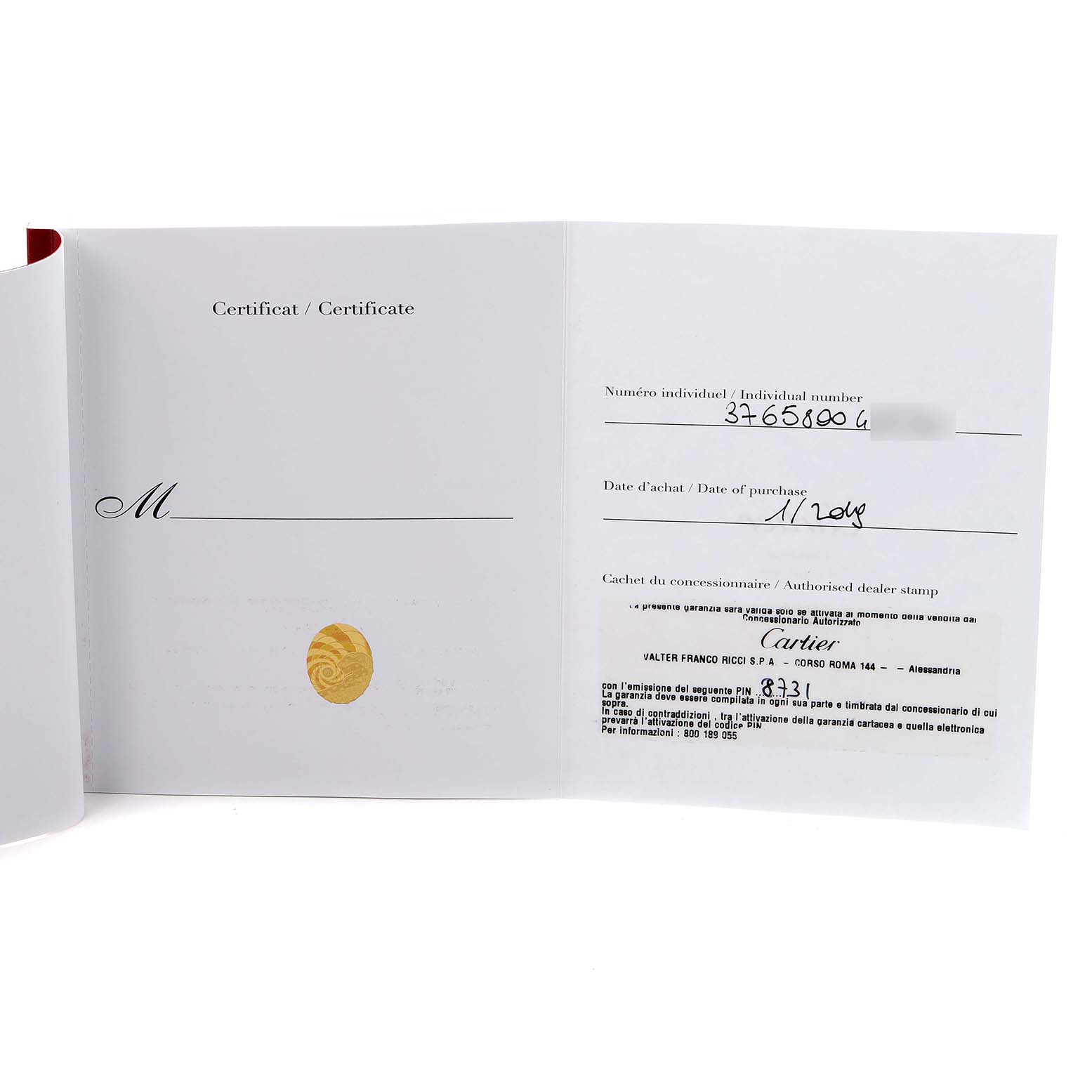 The image shows the certificate or warranty card for the Cartier Ballon Bleu model WSBB0027 men's watch, displaying its individual number and purchase details.