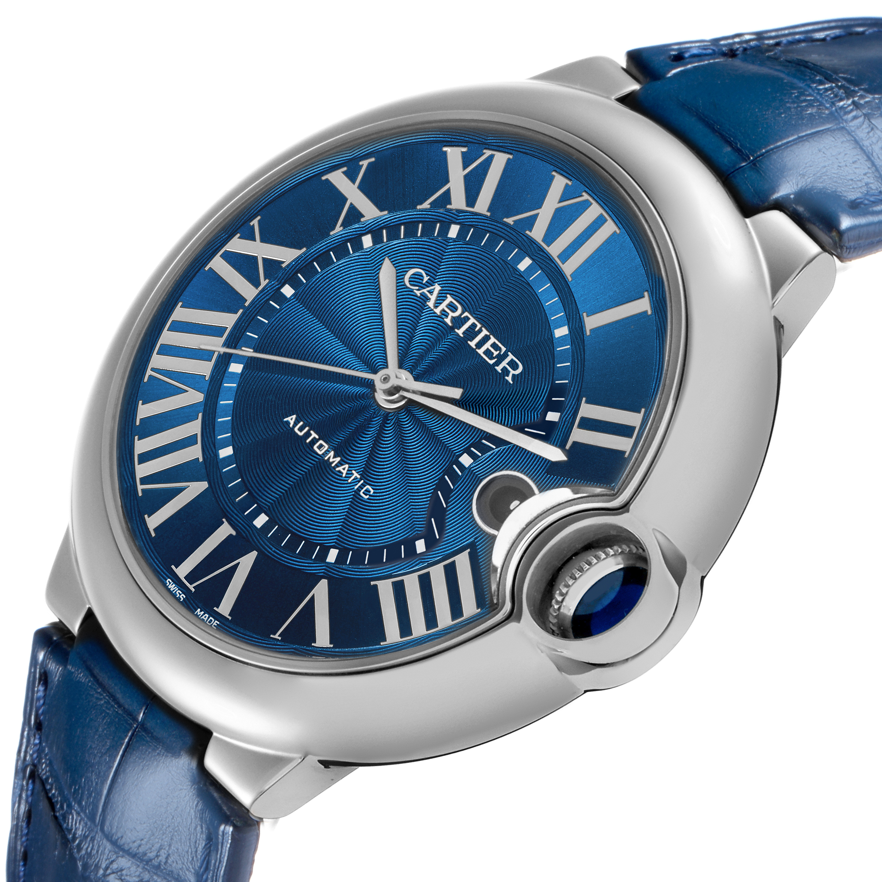 The Cartier Ballon Bleu WSBB0027 men's watch is shown at an angled view, highlighting the blue dial, Roman numerals, and the unique crown design with a cabochon.