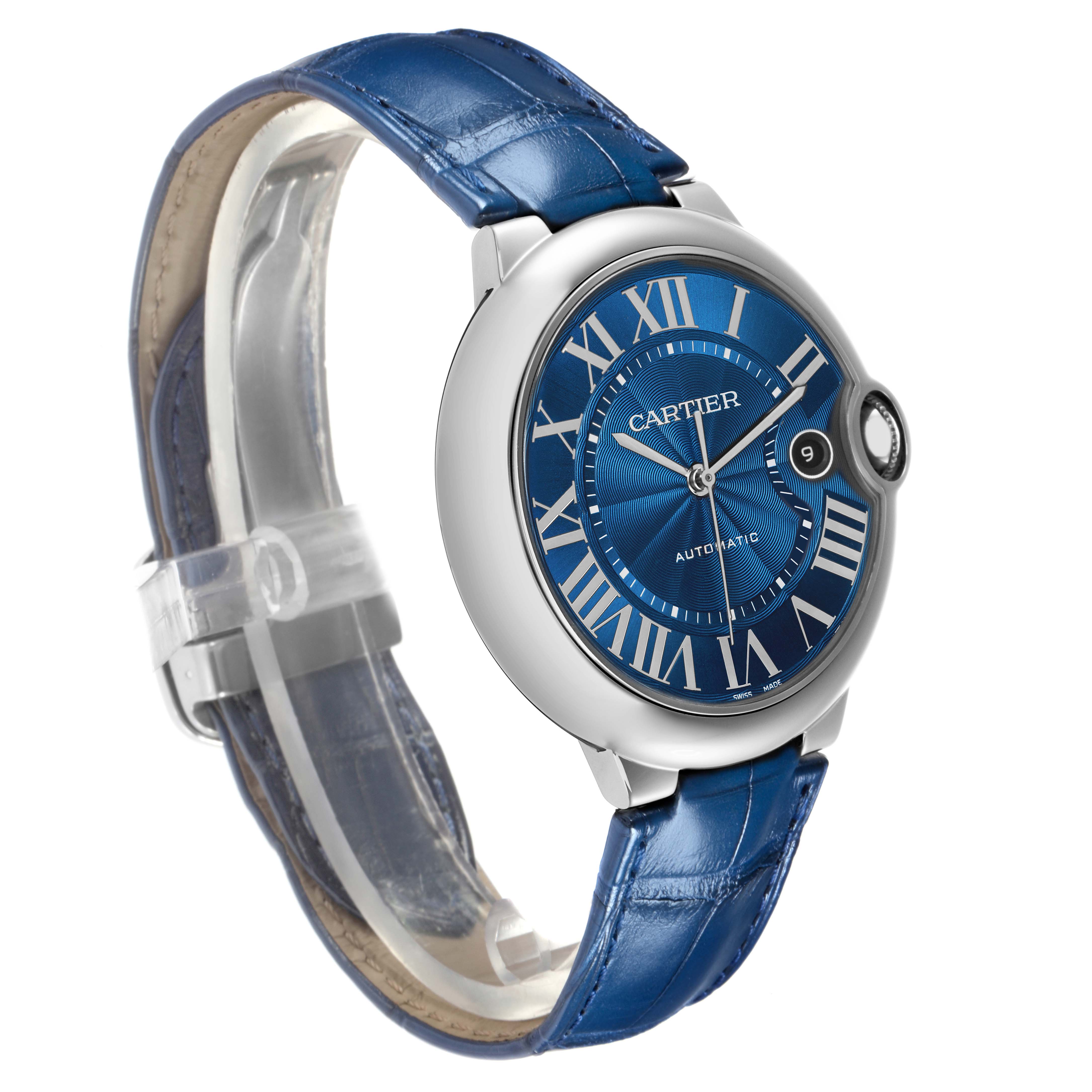 The Cartier Ballon Bleu WSBB0027 men's watch is shown at an angled side view, highlighting its blue dial, Roman numerals, and leather strap.