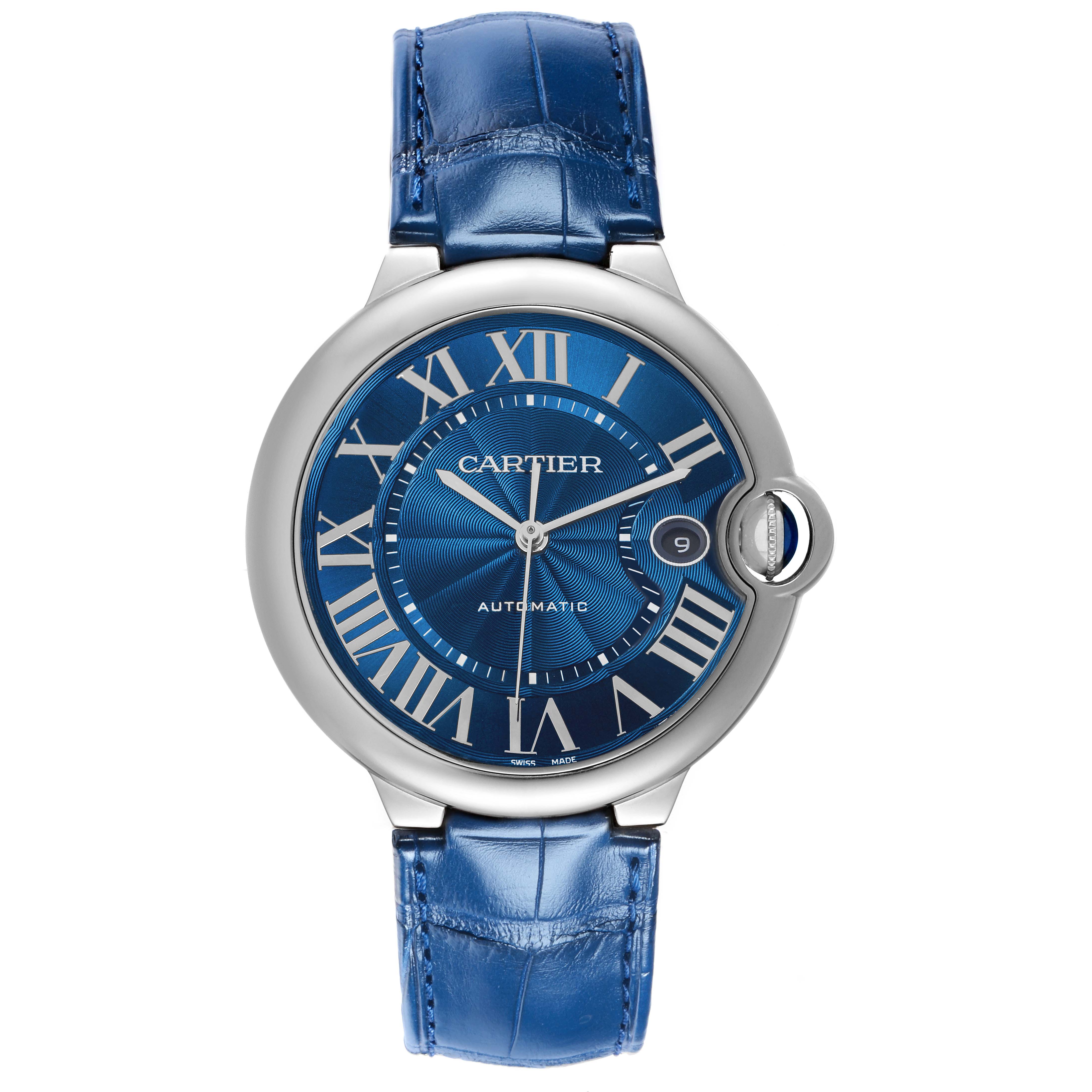 The Cartier Ballon Bleu model WSBB0027 watch is shown from a top view, displaying its blue dial, Roman numerals, silver casing, and matching blue strap.