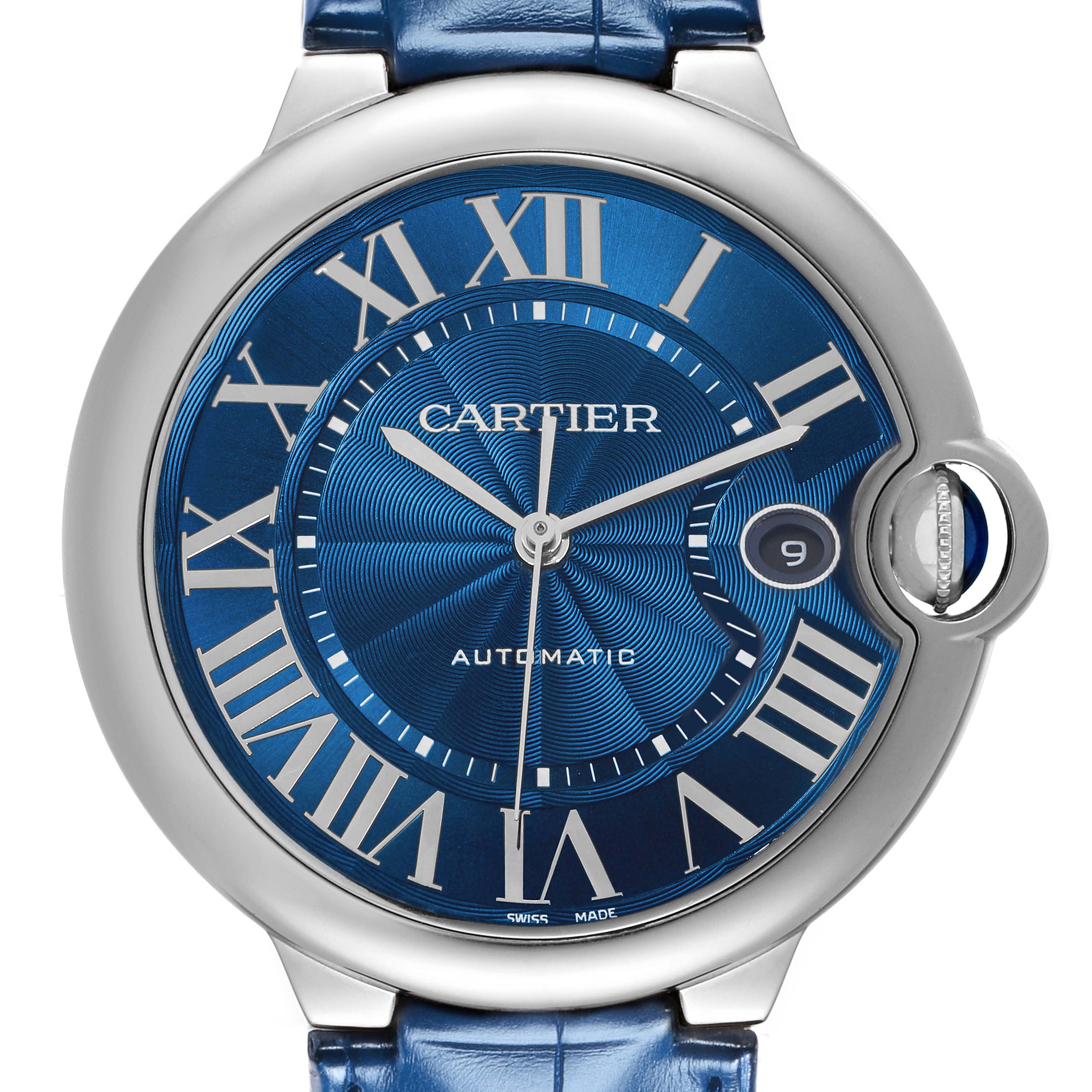 The Cartier Ballon Bleu model WSBB0027 is shown from the front, highlighting the blue dial, Roman numerals, and date window with its signature crown.