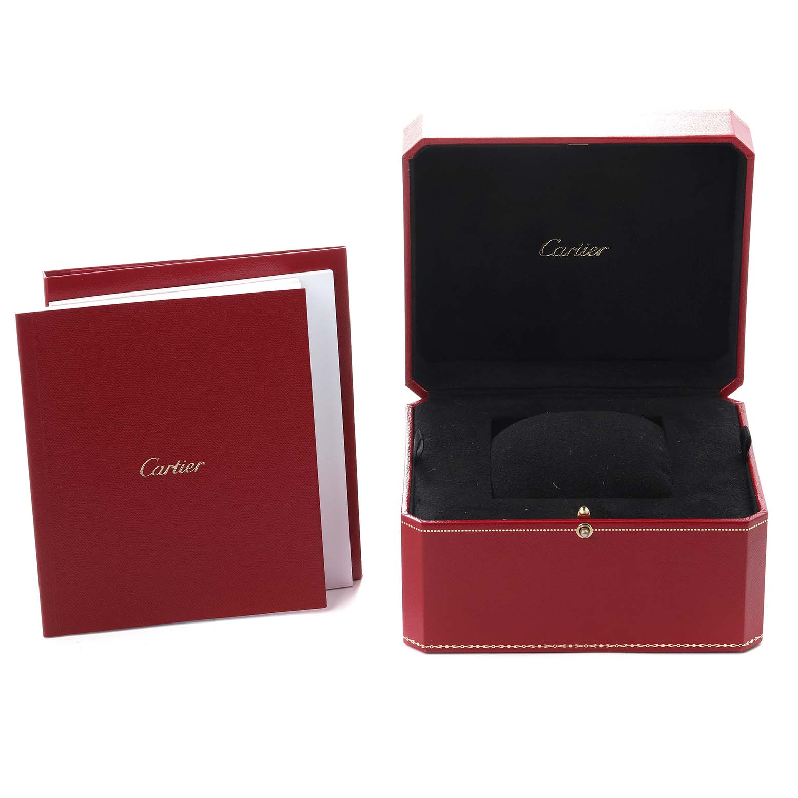 The image shows the packaging for a Cartier Ballon Bleu Mens watch, model WSBB0027, including a red watch box and documentation booklet.