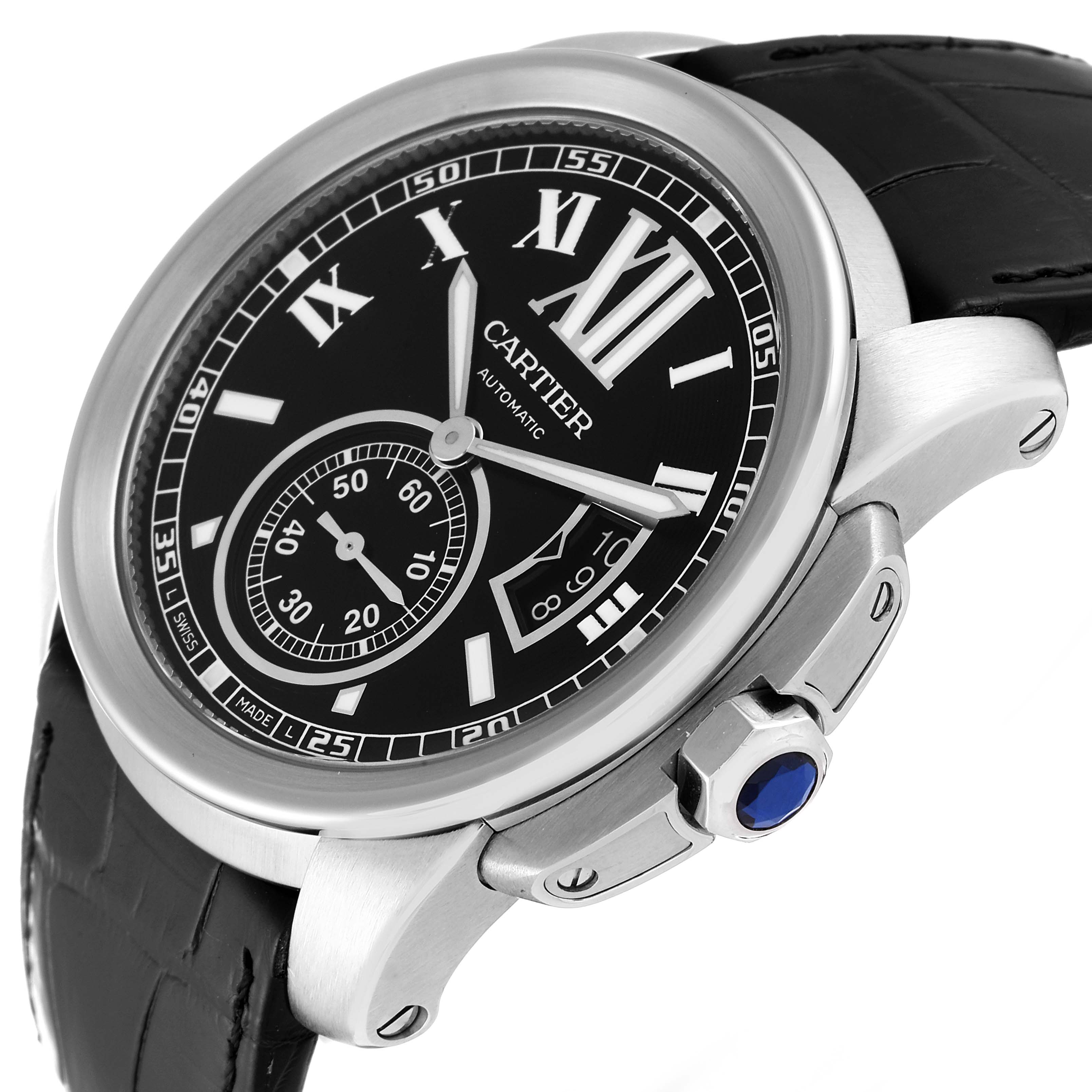 The image shows a close-up angle of the Calibre de Cartier watch, highlighting the dial, crown, and part of the leather strap.