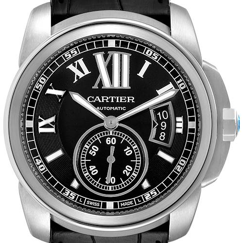 Photo of Cartier Calibre Black Dial Leather Strap Steel Mens Watch W7100014