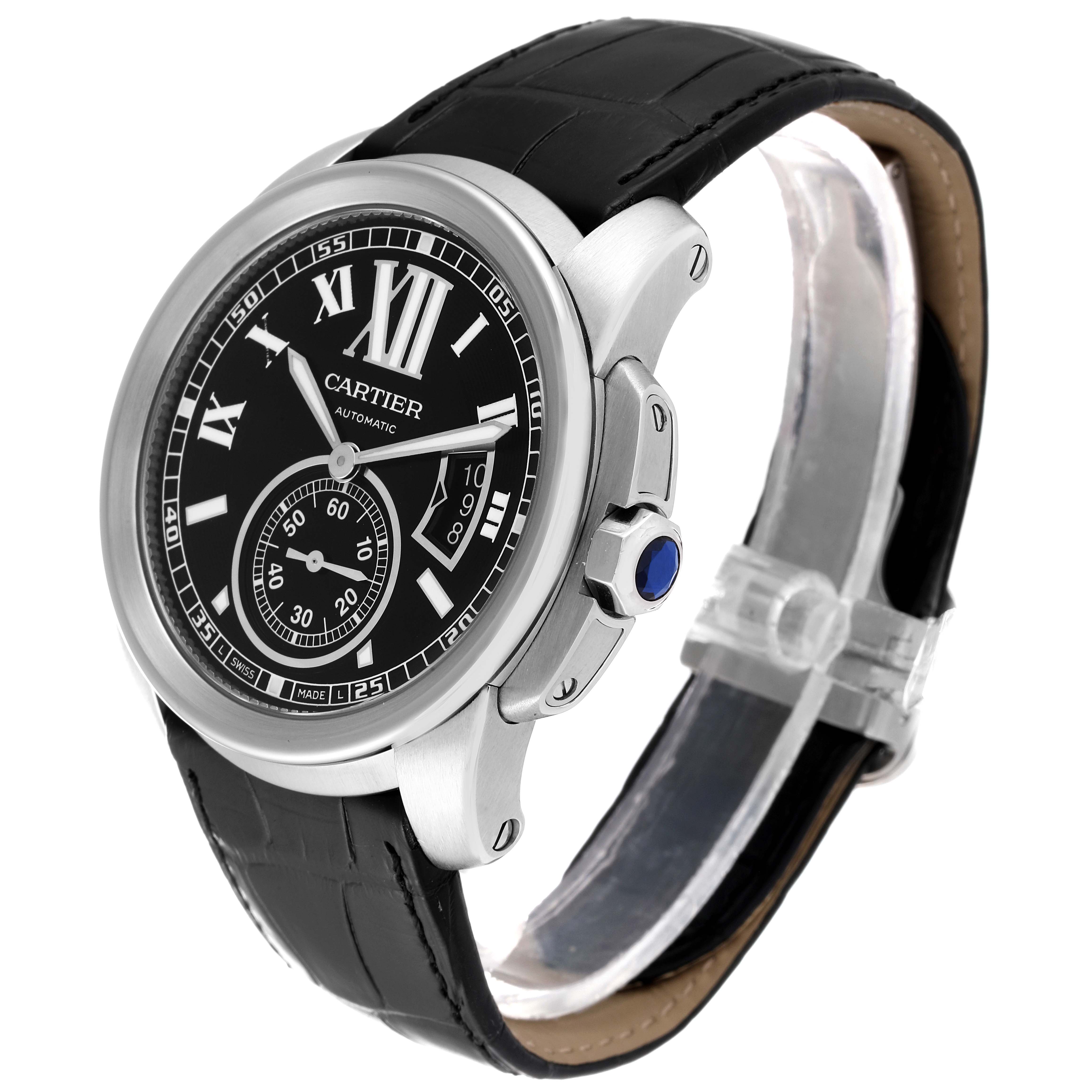 This image shows a side and oblique view of the Calibre de Cartier watch by Cartier, highlighting the dial, crown, and part of the strap.